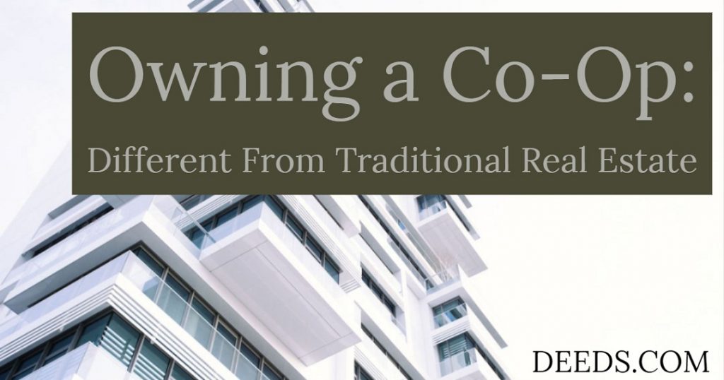 Image of a tall condo or apartment building presumably containing co-op residences. Captioned: Owning a Co-Op: Different From Traditional Real Estate