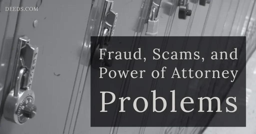 Image of a row of lockers all with locks on the handles. Captioned: Fraud, Scams, and Power of Attorney Problems.