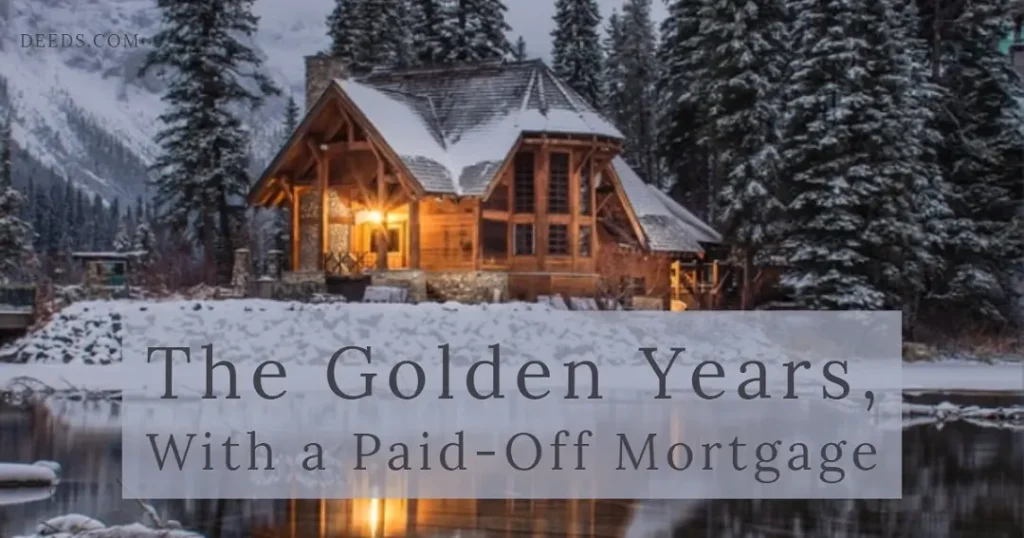 Image of a house near a small lake with trees and mountains in the background all with a light dusting of snow. Captioned: The Golden Years, With a Paid-Off Mortgage
