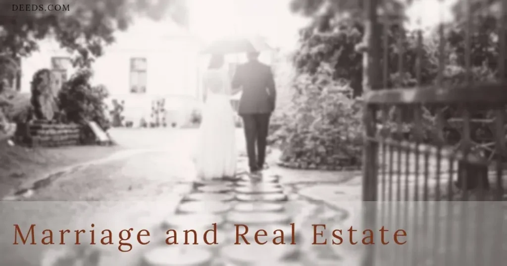 Image of a couple under an umbrella walking down a path towards a house appearing to be in a wedding, getting married. Captioned: Marriage and Real Estate