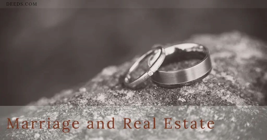 Image of a pair of wedding rings leaned against each other sitting on a rock. Captioned: Marriage and Real Estate