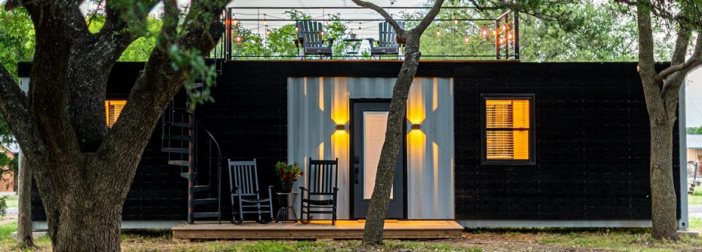 Image of the outside of a small container home.