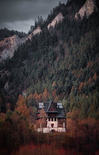 Image of a house in the woods on the side of a mountain