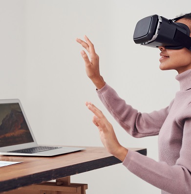 Person using virtual reality googles to shop for real estate