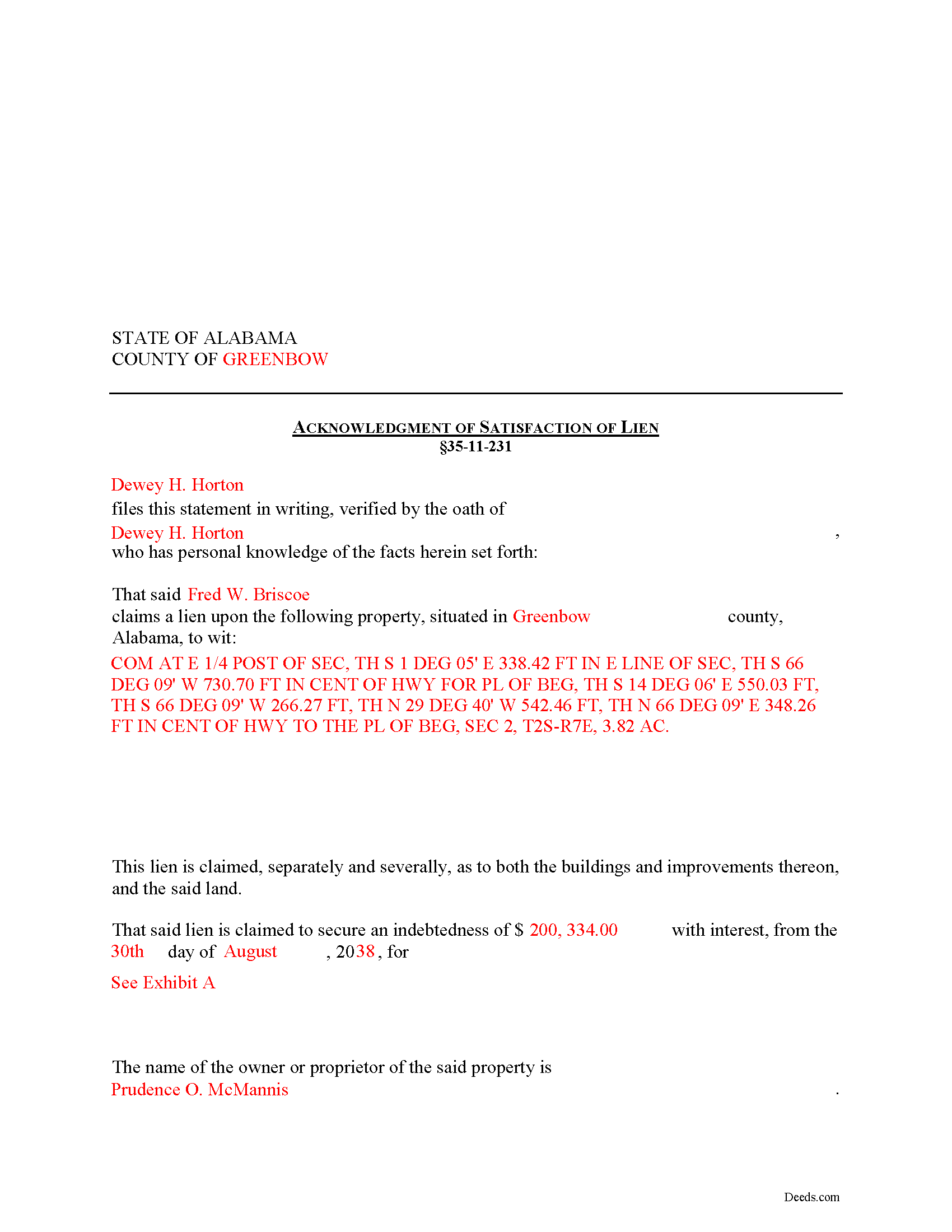 Franklin County Completed Example of the Acknowledgment of Satisfaction Document