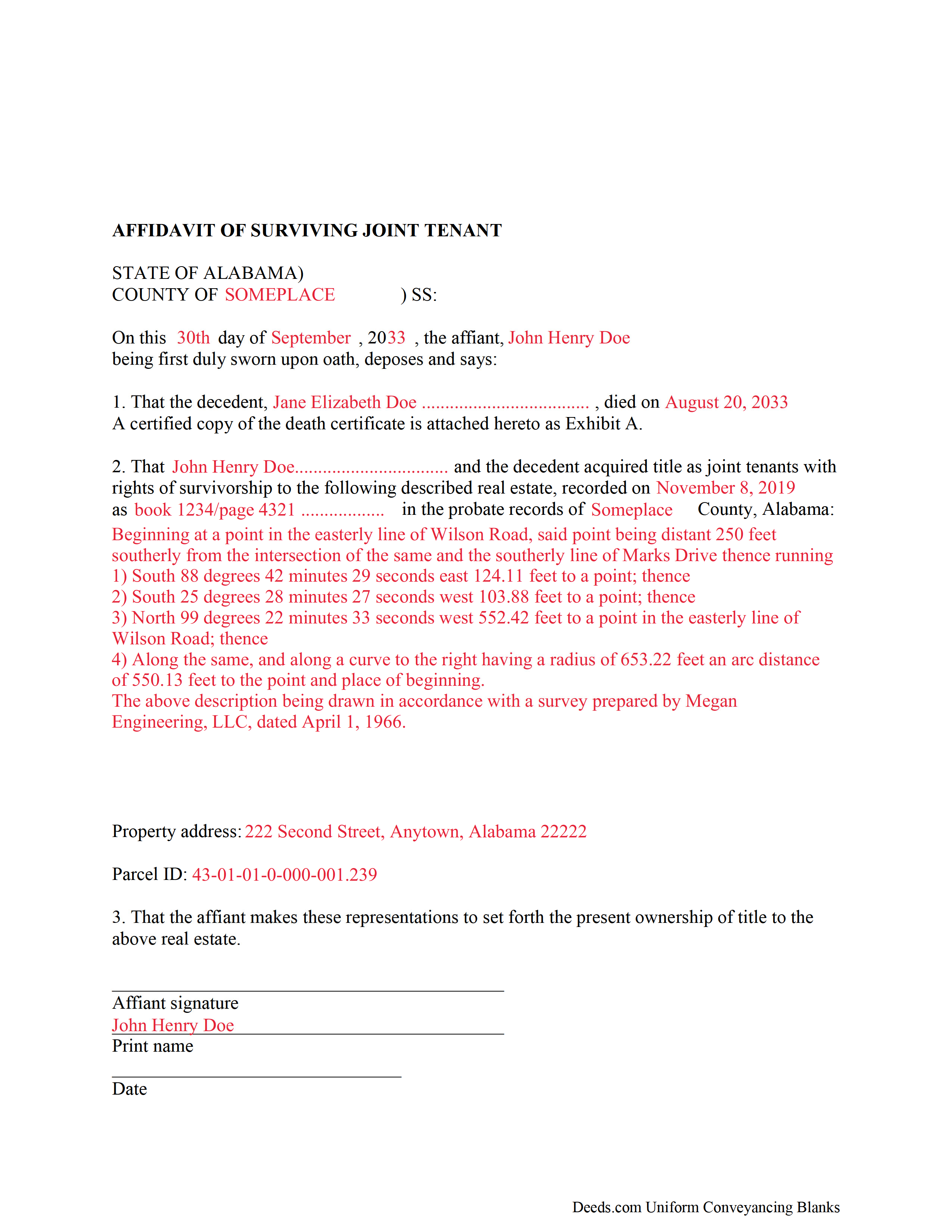 Completed Example of the Affidavit of Surviving Joint Tenant Document