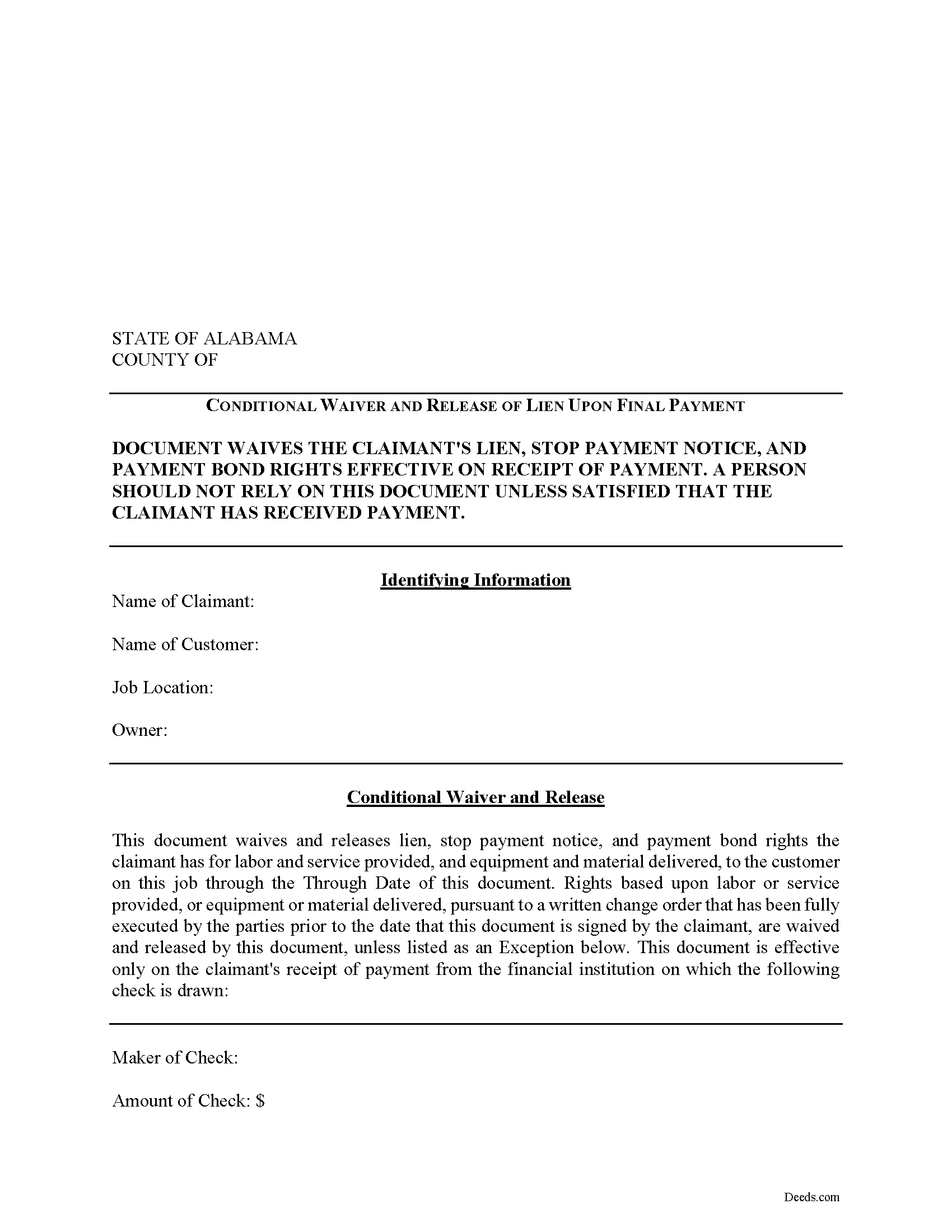 Alabama Conditional Lien Waiver on Final Payment Image