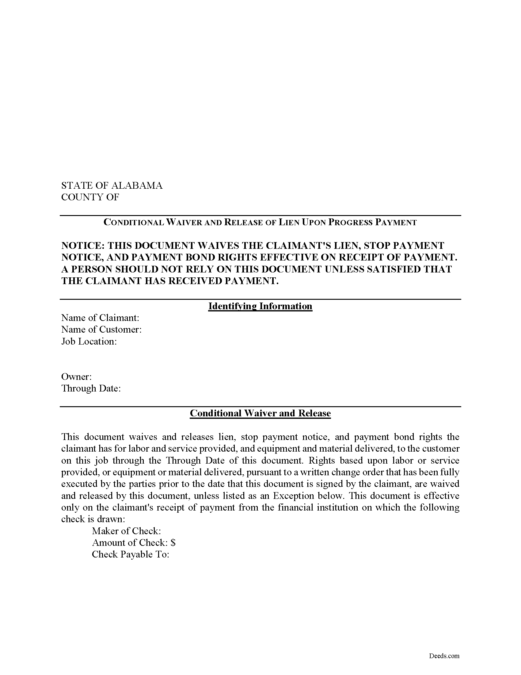 Alabama Conditional Lien Waiver on Progress Payment Image