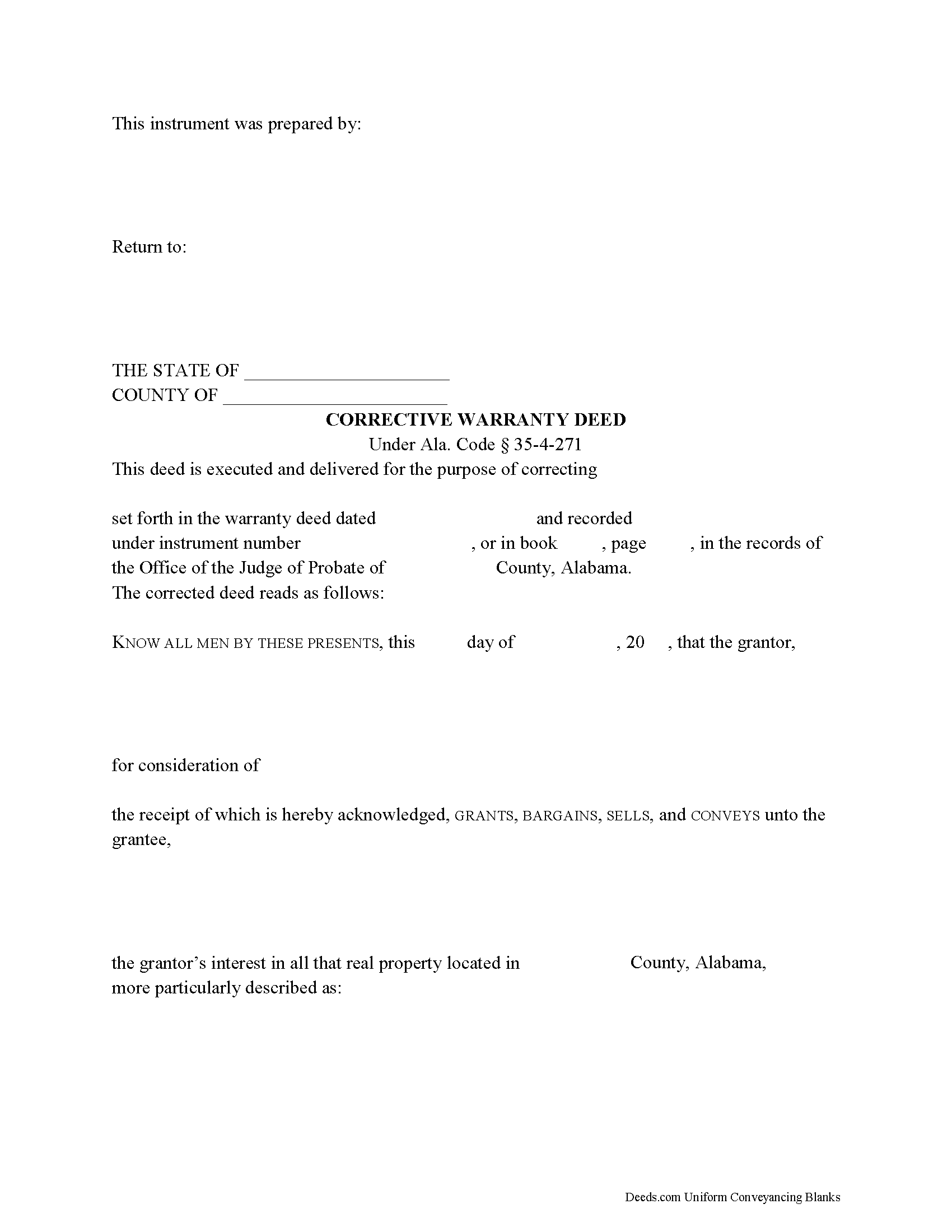 Alabama Correction Warranty Deed Image