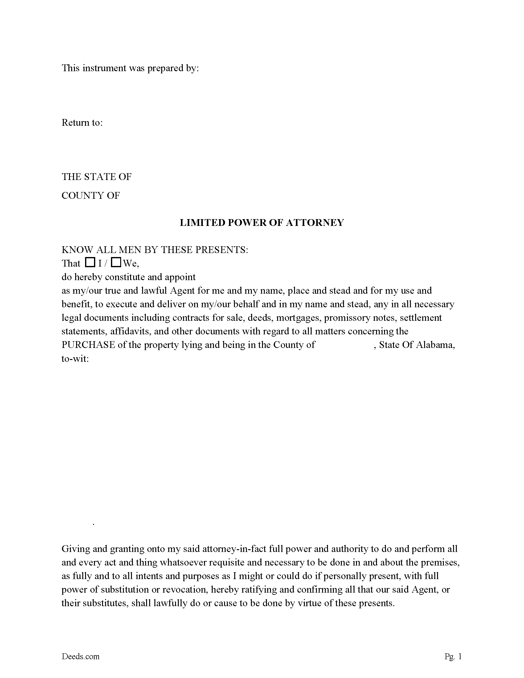 Alabama Limited Power of Attorney for the Purchase of Real Property Image
