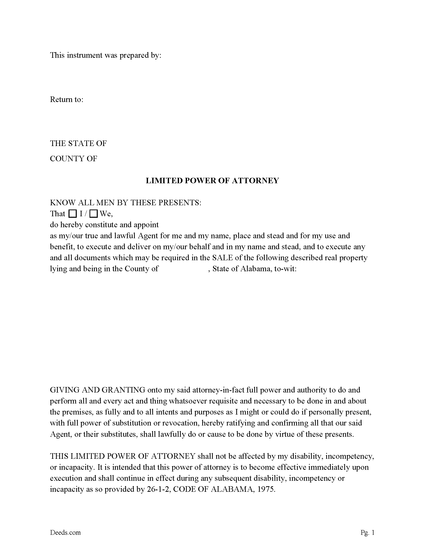 Alabama Limited Power of Attorney for the Sale of Real Property Image