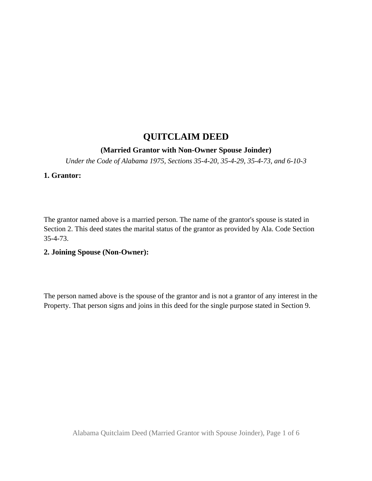 Alabama Quitclaim Deed (Married Grantor with Non-Owner Spouse Joinder)