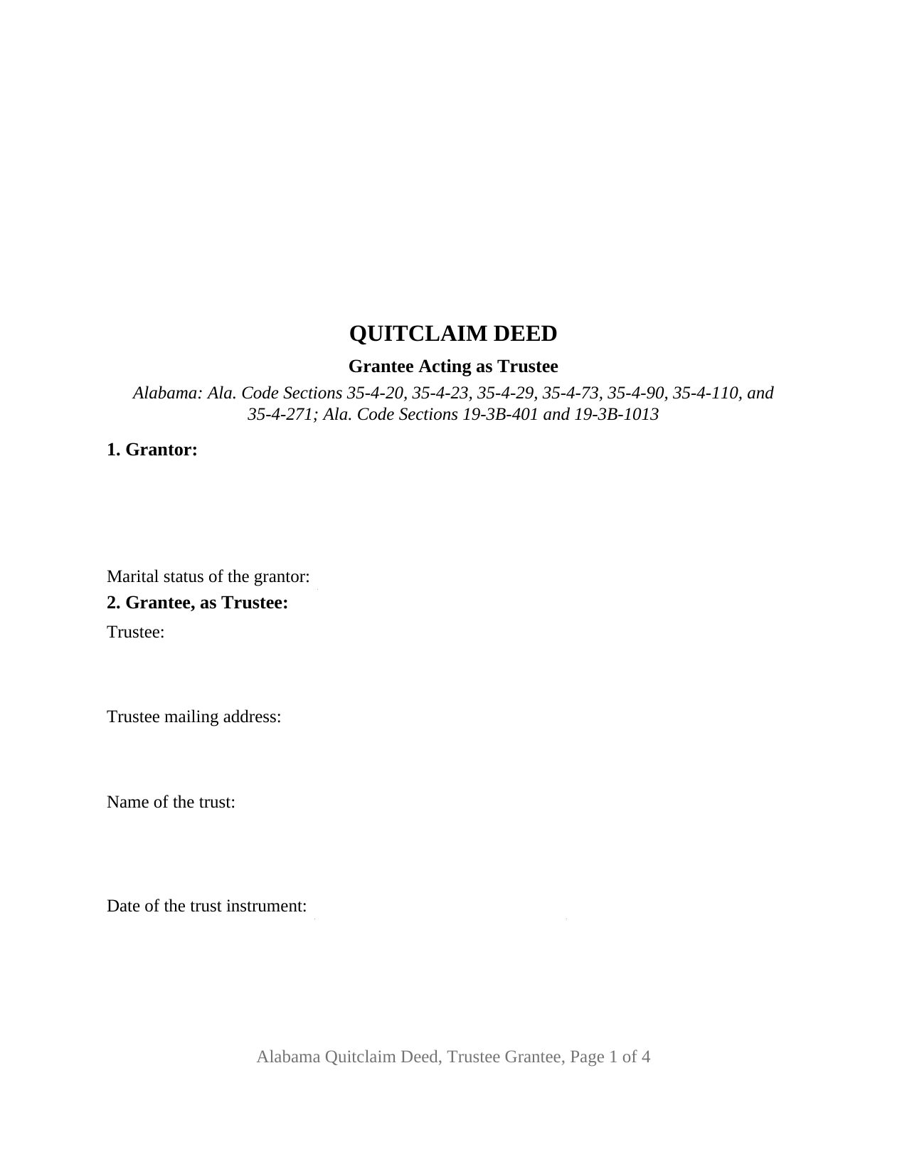 Alabama Quitclaim Deed (Trustee Grantee)