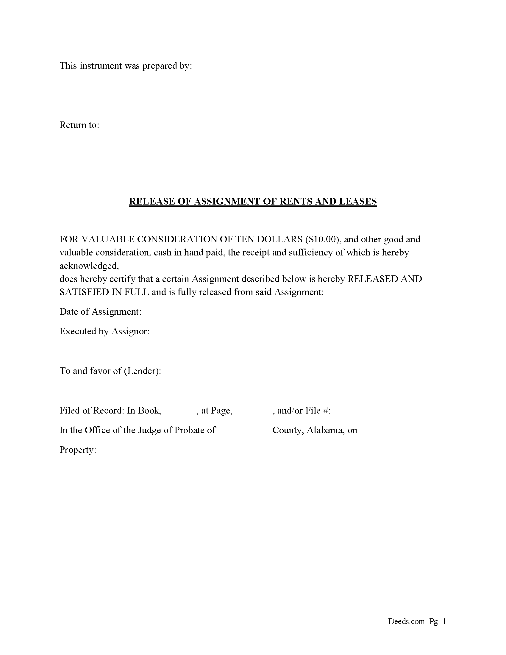 Alabama Release of Assignment of Rents and Leases Image