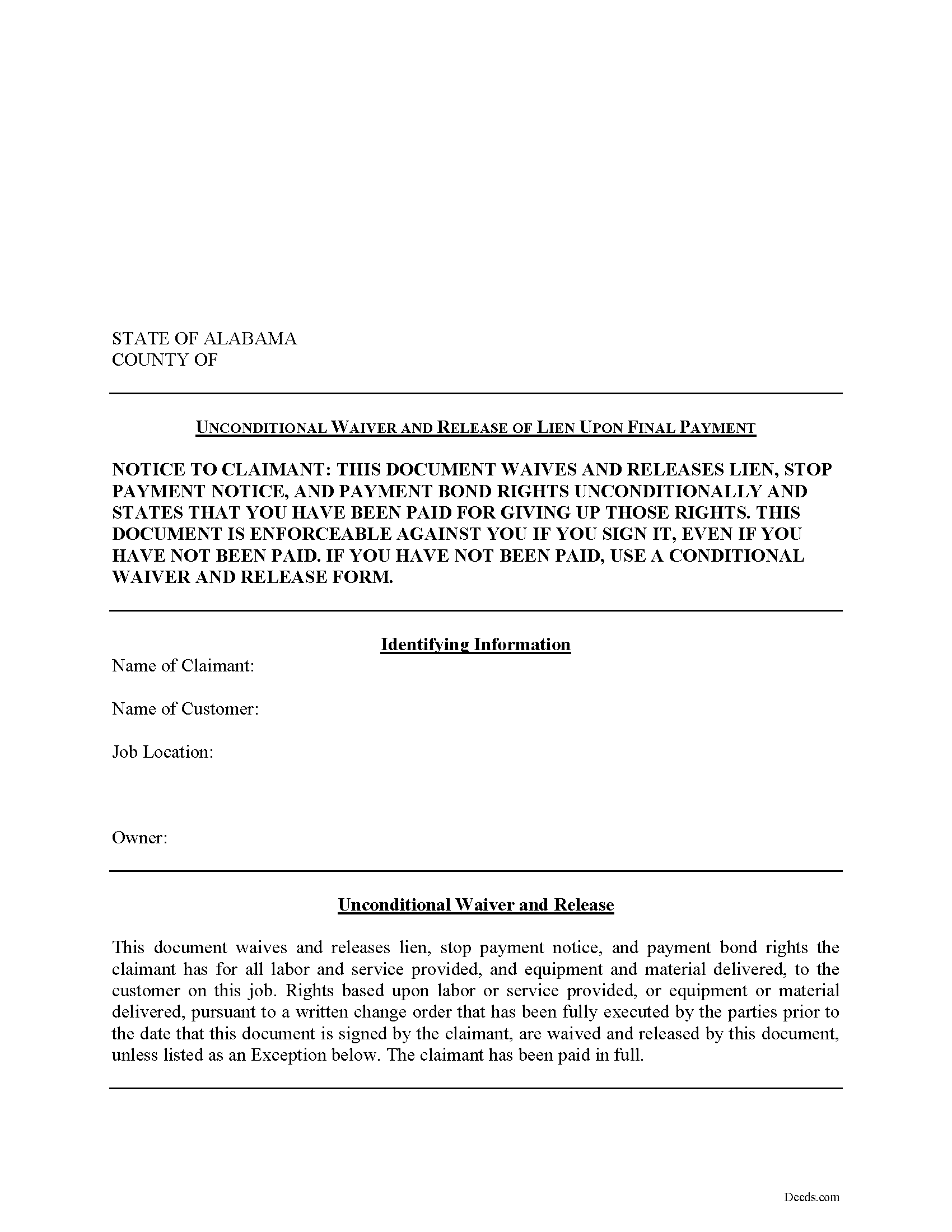 Alabama Unconditional Lien Waiver on Final Payment Image