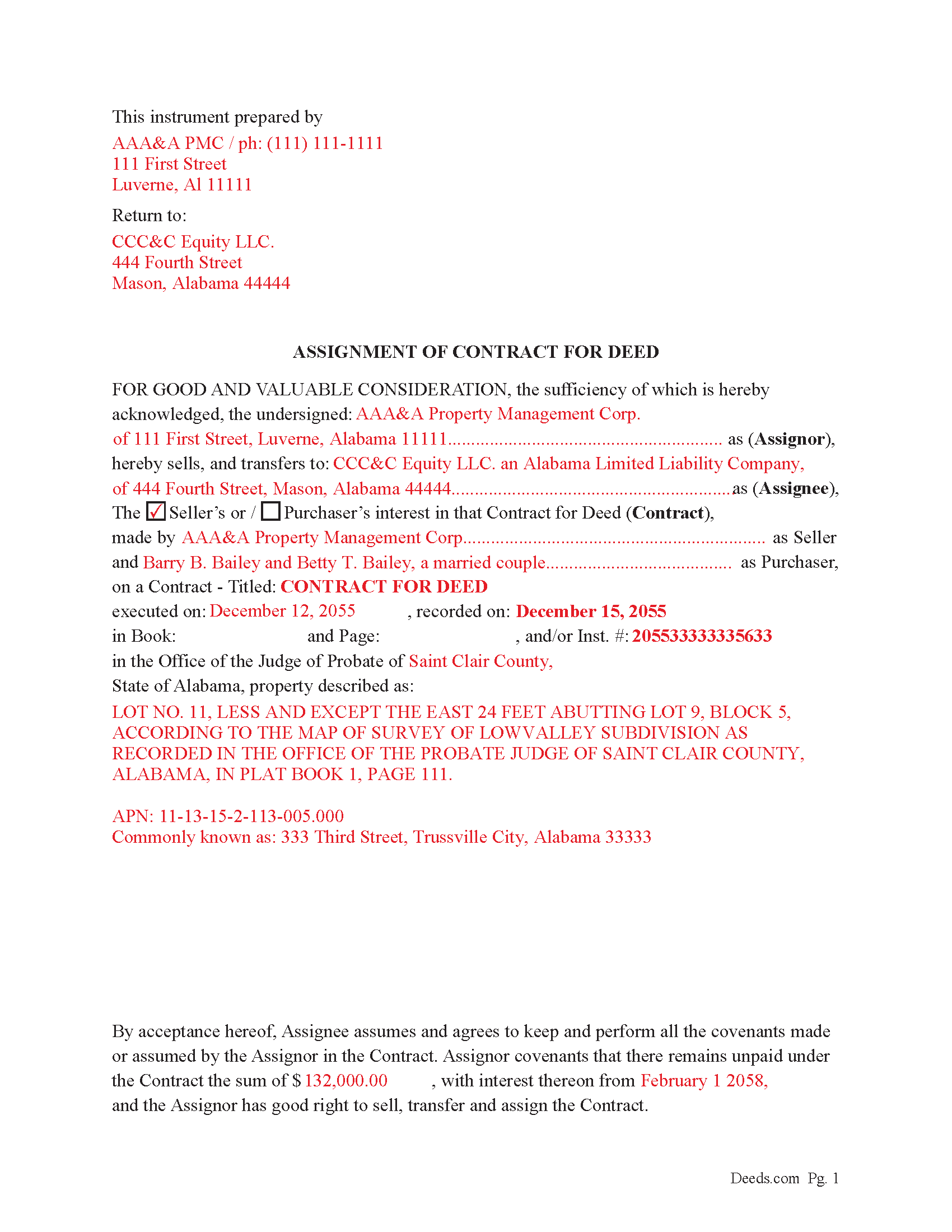 Morgan County Completed Example of the Assignment of Contract for Deed Document