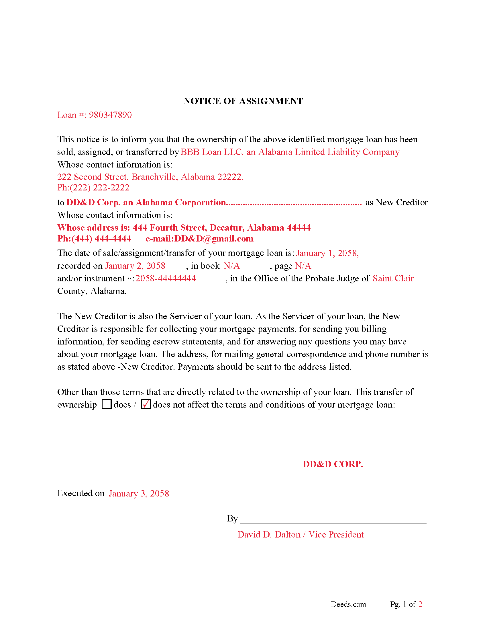 Completed Example of the Notice of Assignment Document