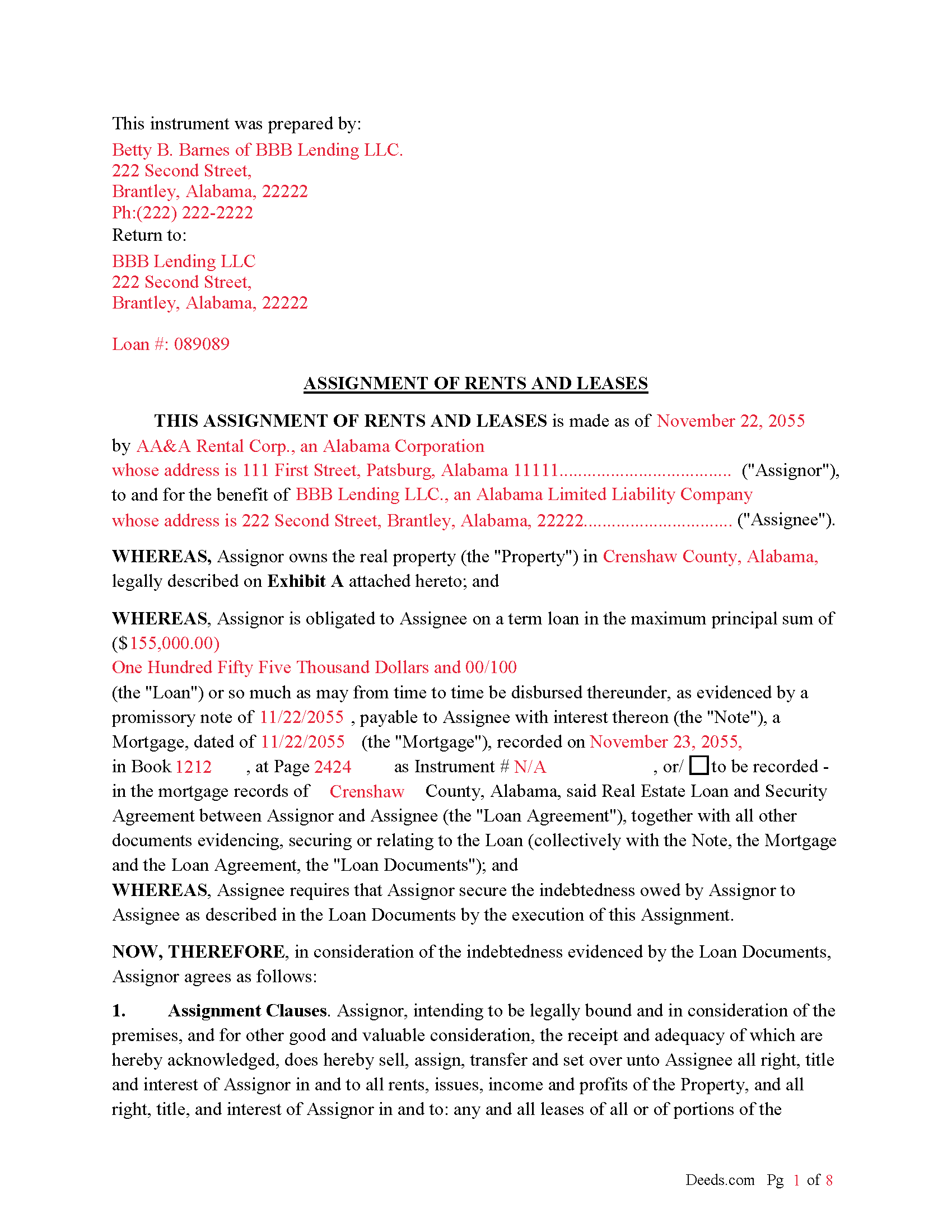 Completed Example of the Assignment of Rents and Leases Document