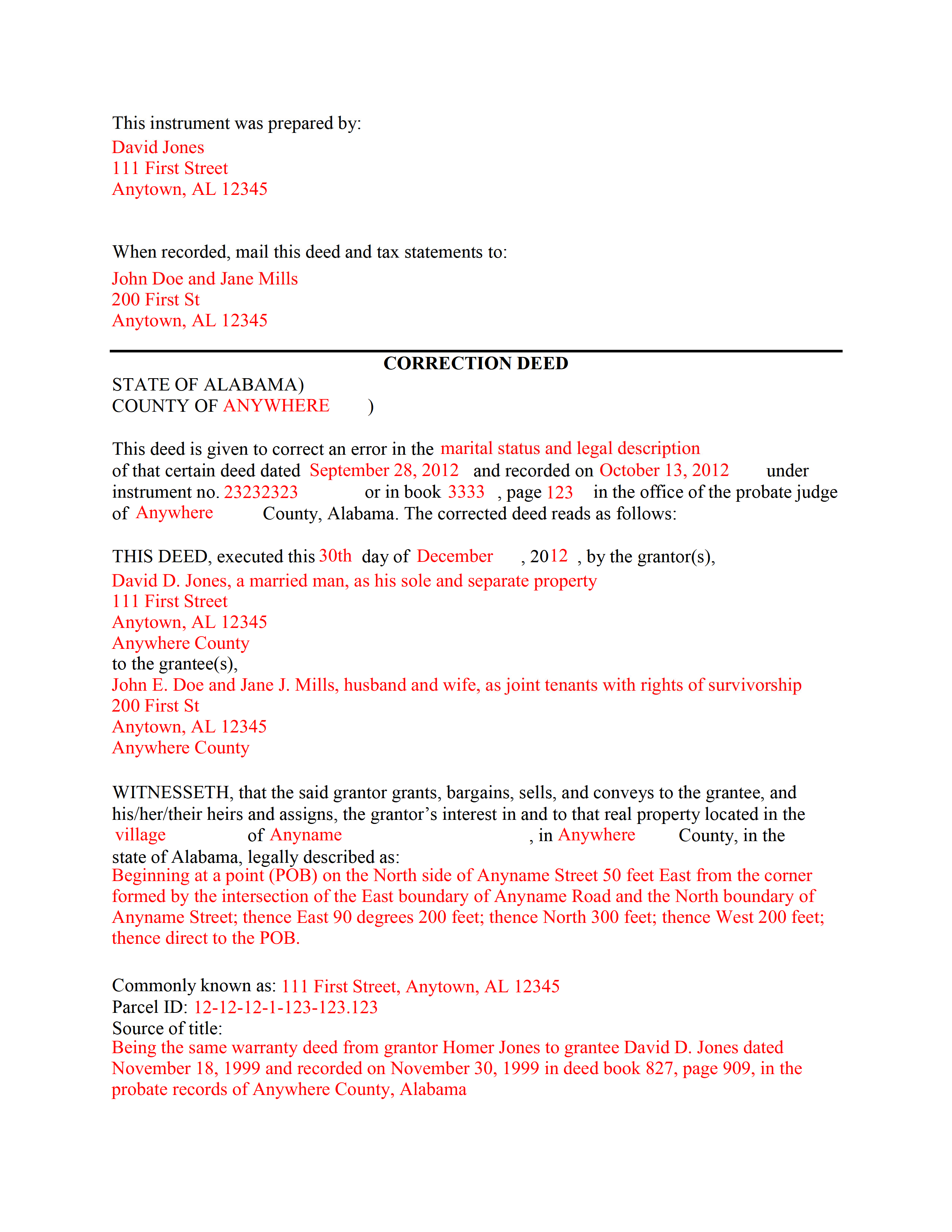 Mobile County Completed Example of the Correction Deed Document