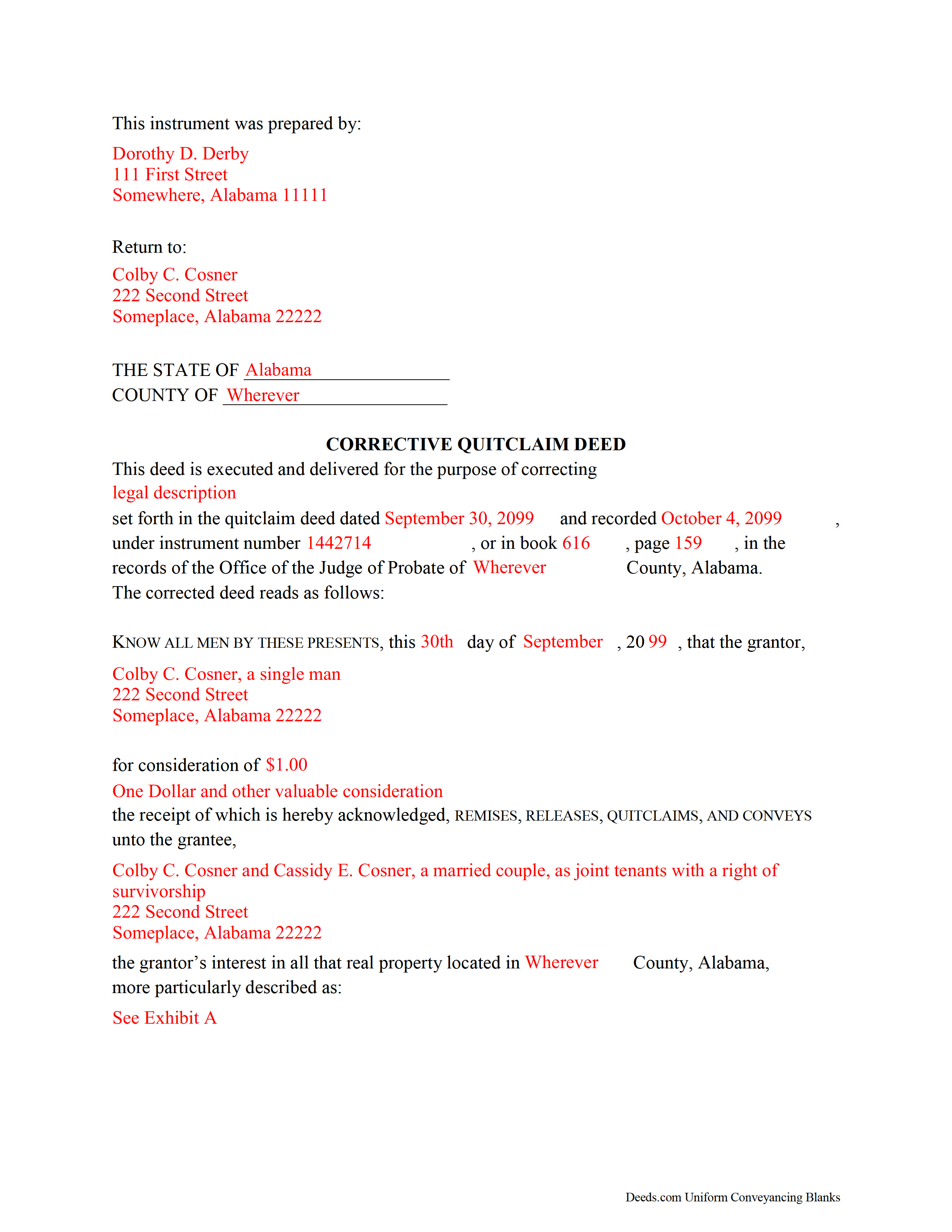 Completed Example of the Correction Quitclaim Deed Document