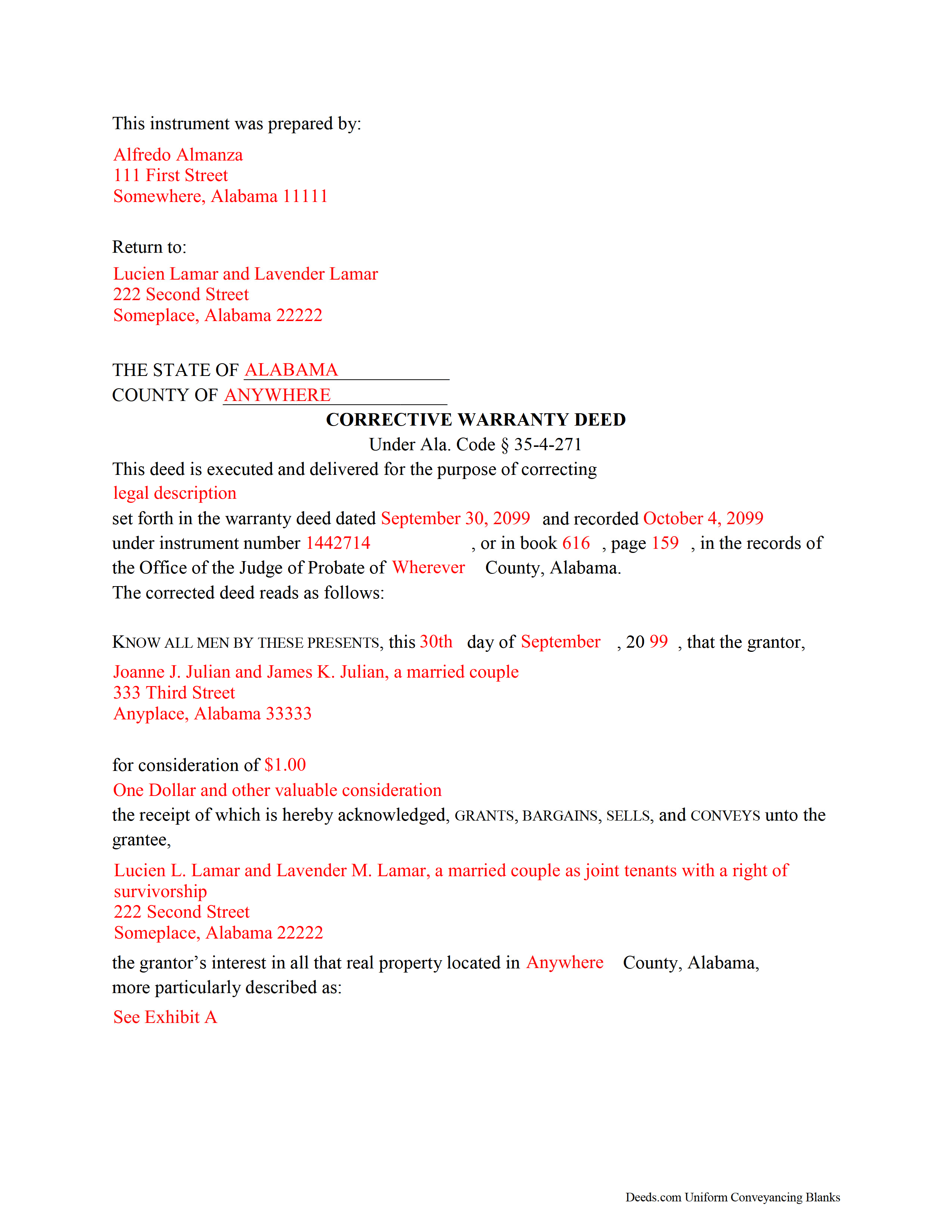 Cullman County Completed Example of the Correction Warranty Deed Document