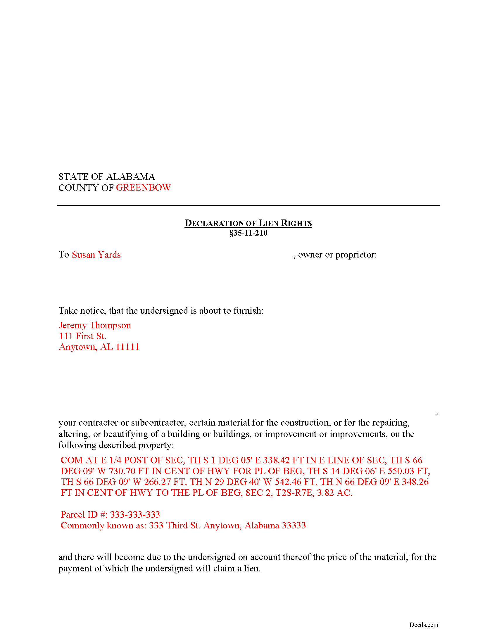 Houston County Completed Example of the Declaration of Lien Rights Document