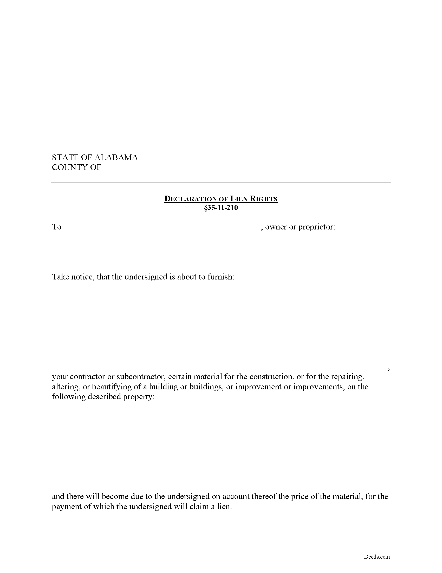 Houston County Declaration of Lien Rights Form
