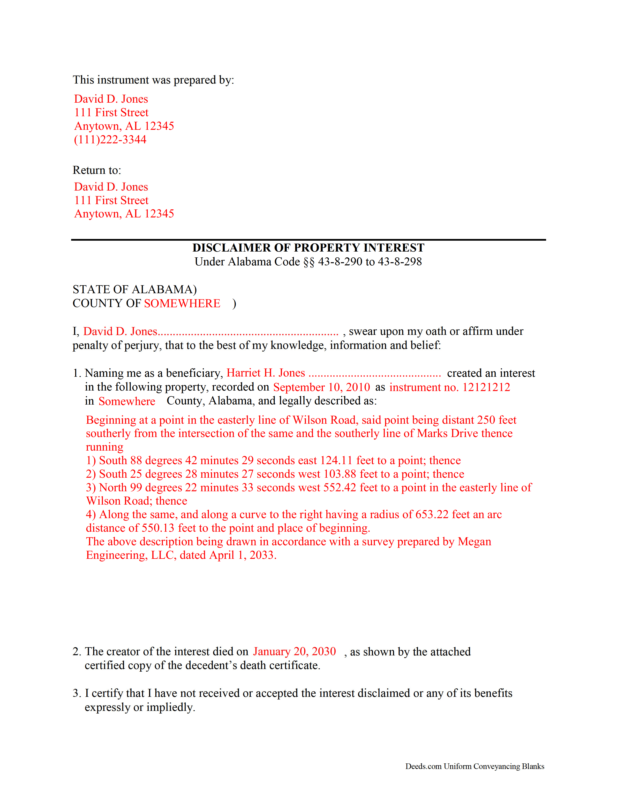 Colbert County Completed Example of the Disclaimer of Interest Document