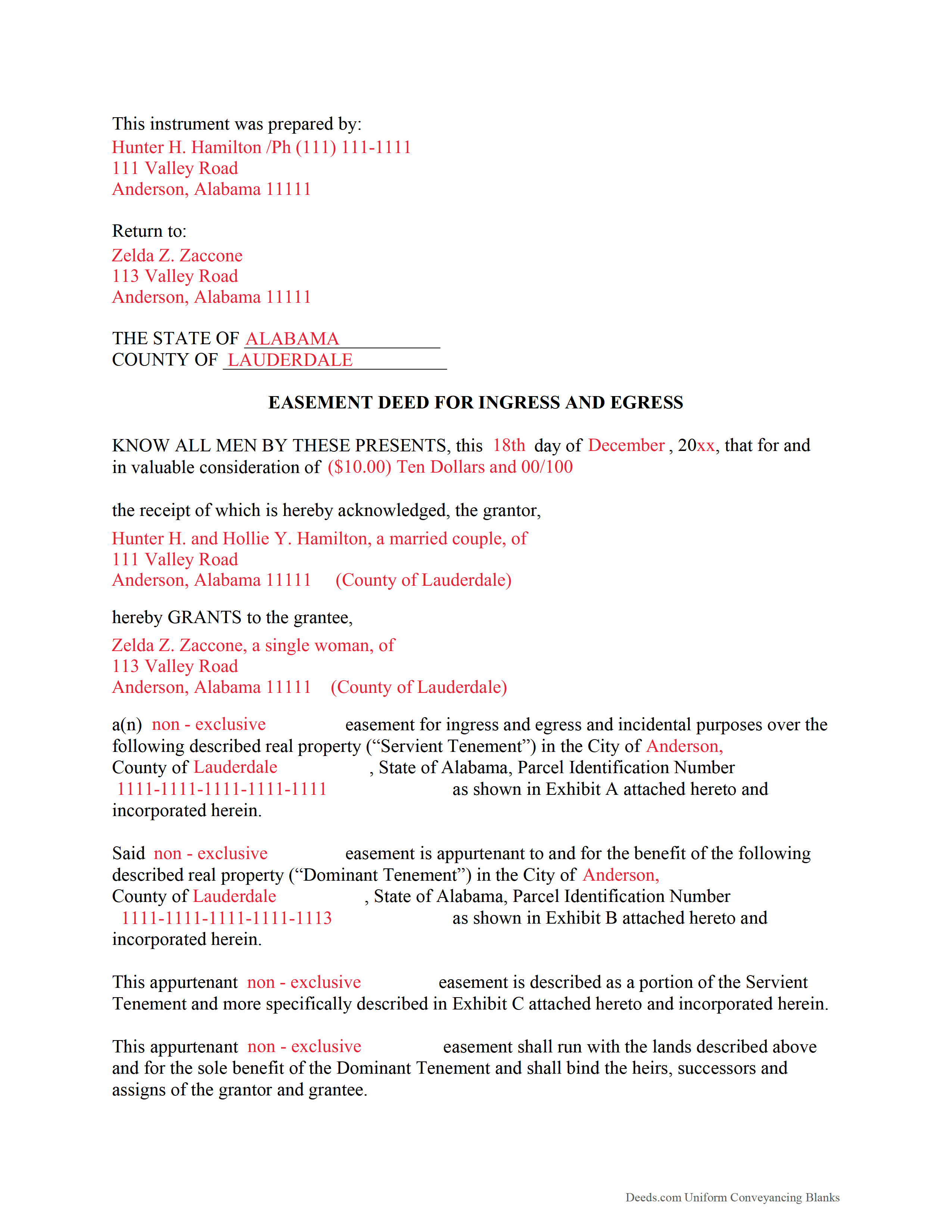 Cullman County Completed Example of the Easement Deed Document