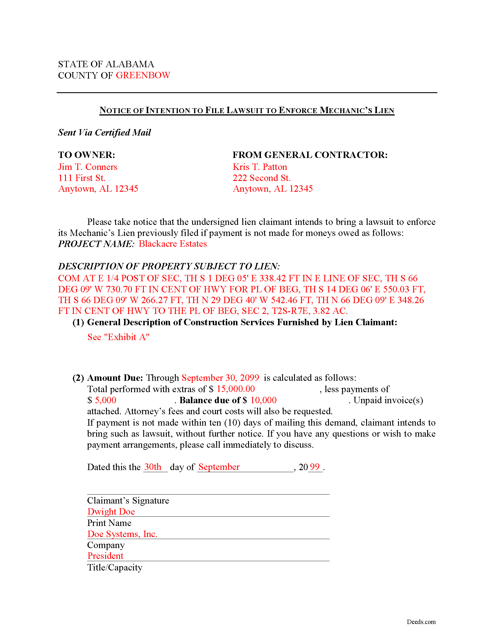 Completed Example of the Full Price Lien Notice Document