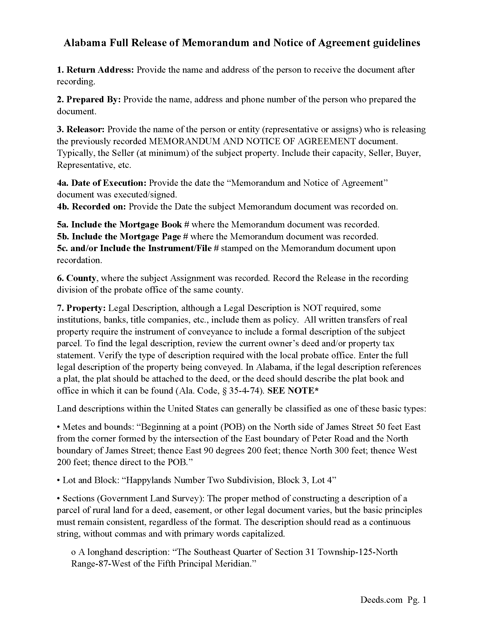 Cullman County Full Release of Memorandum and Notice of Agreement Guide