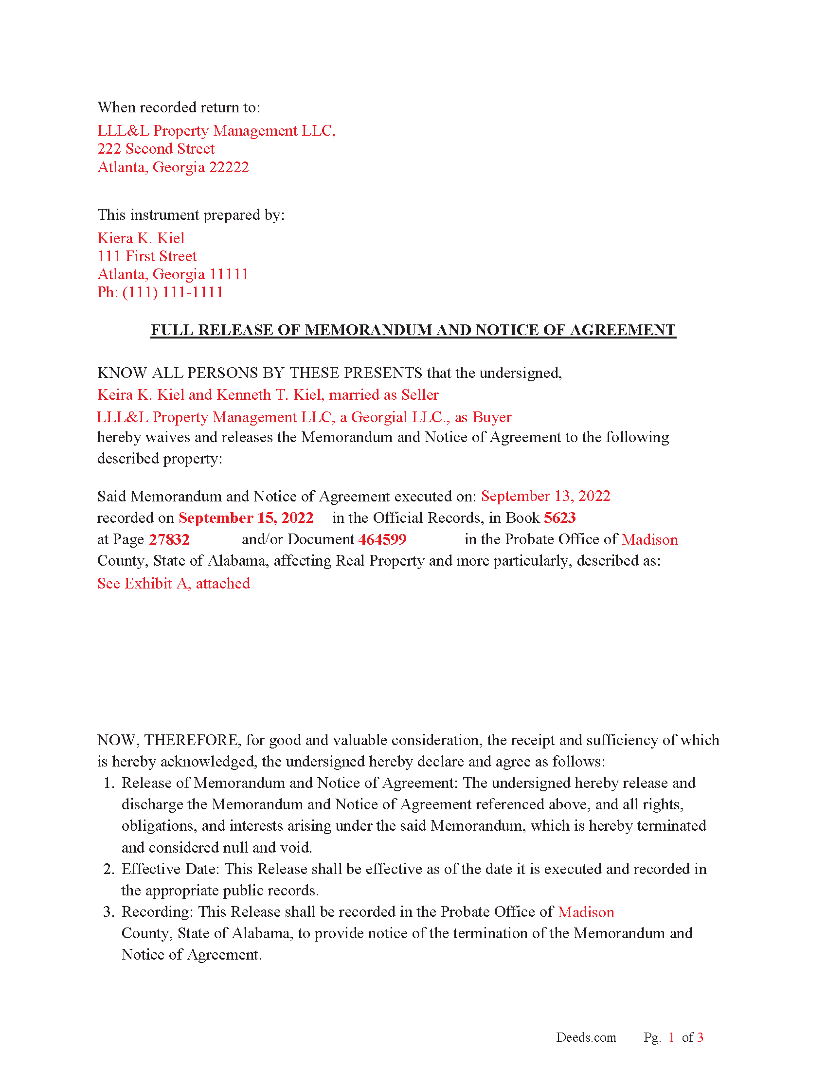 Cullman County Completed Example of the Full Release of Memorandum and Notice of Agreement Document