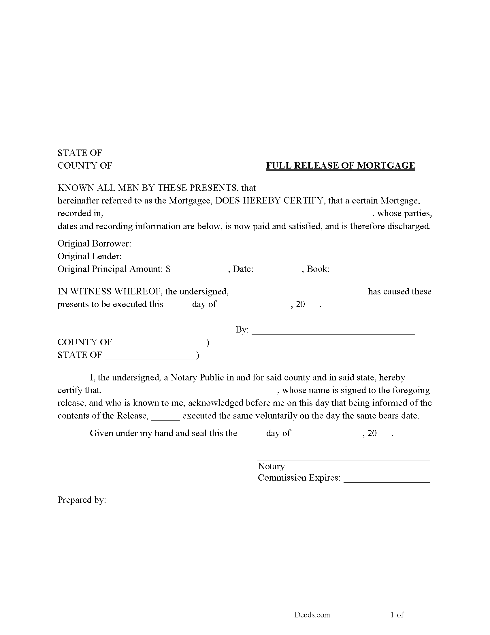 Lawrence County Release of Mortgage Form