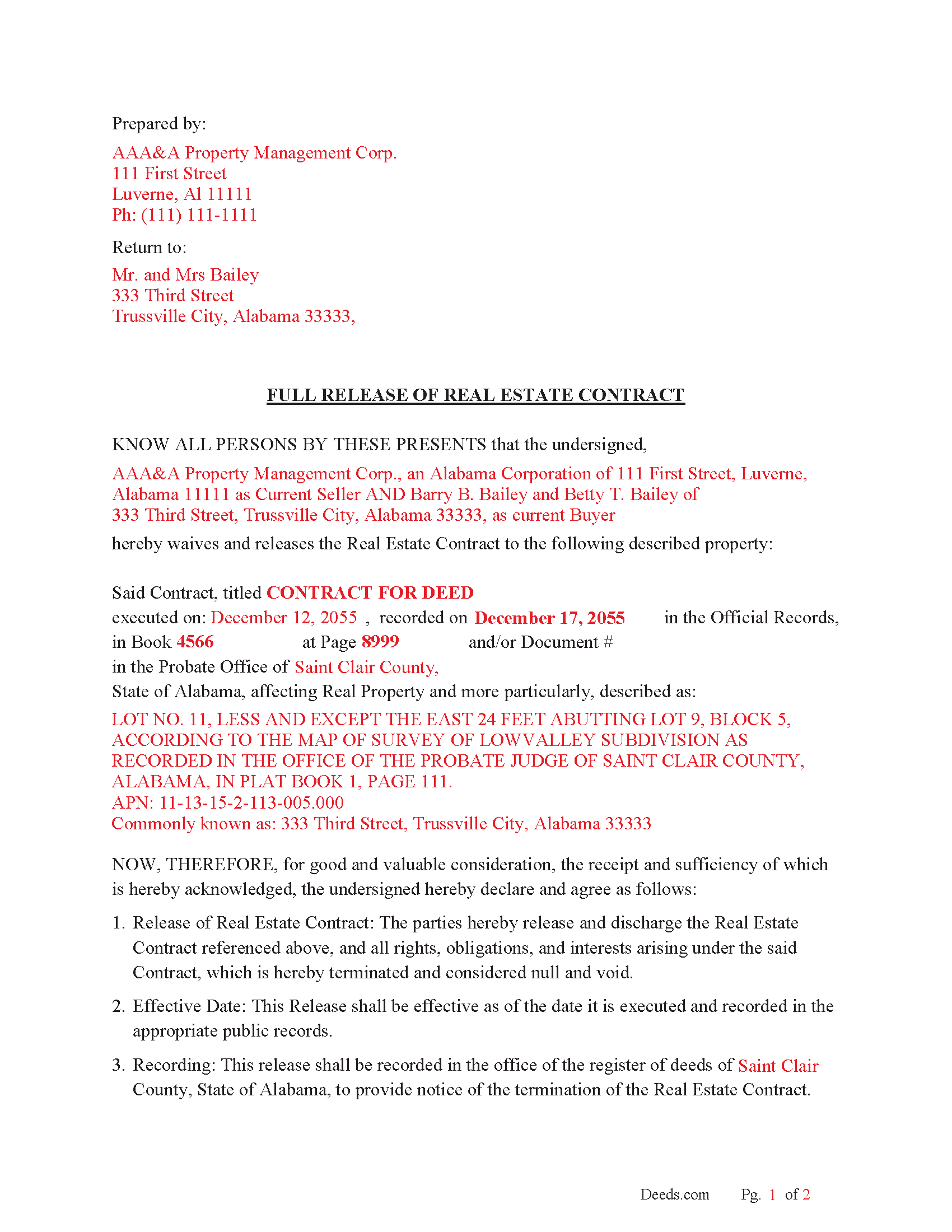 Chambers County Completed Example of the Full Release of Real Estate Contract Document