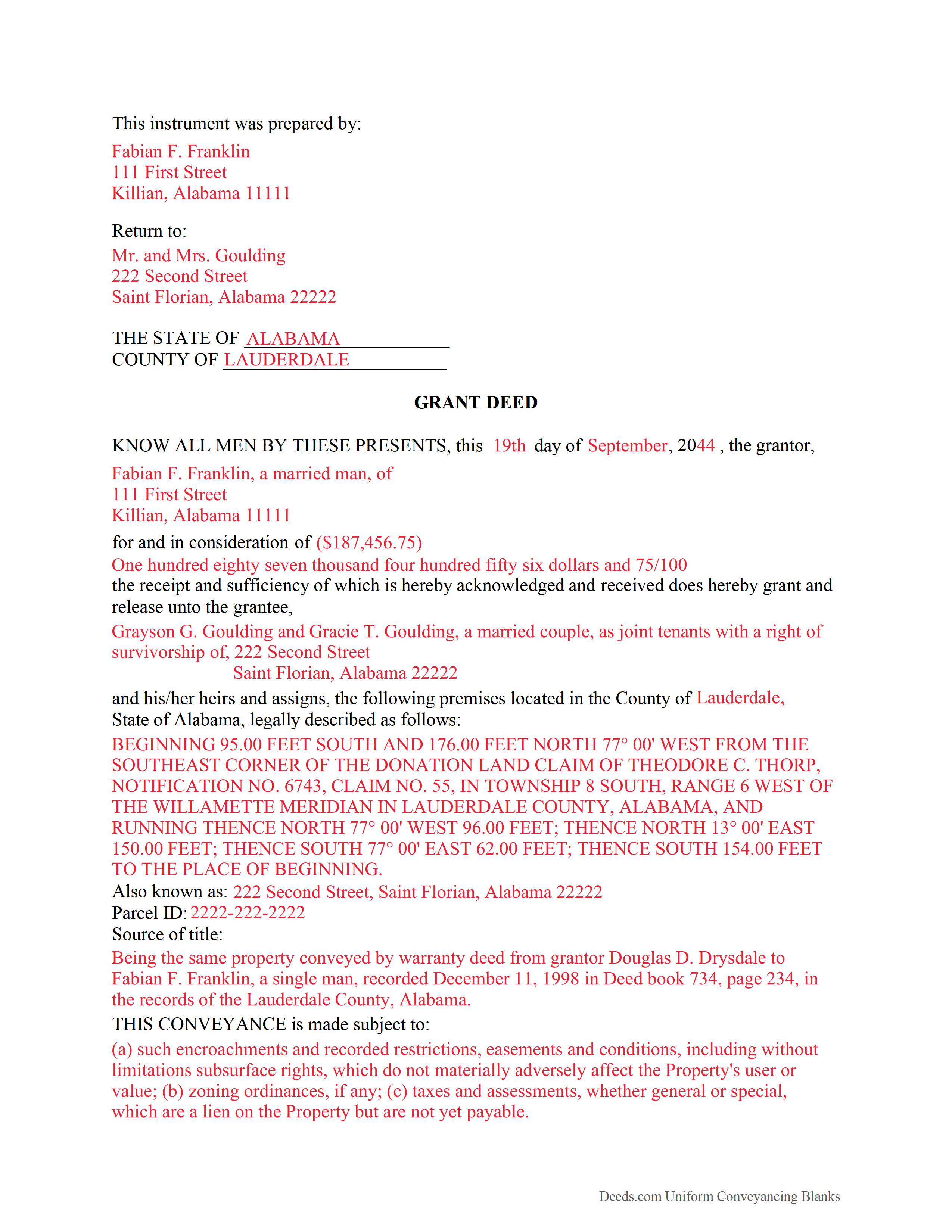 Houston County Completed Example of the Grant Deed Document
