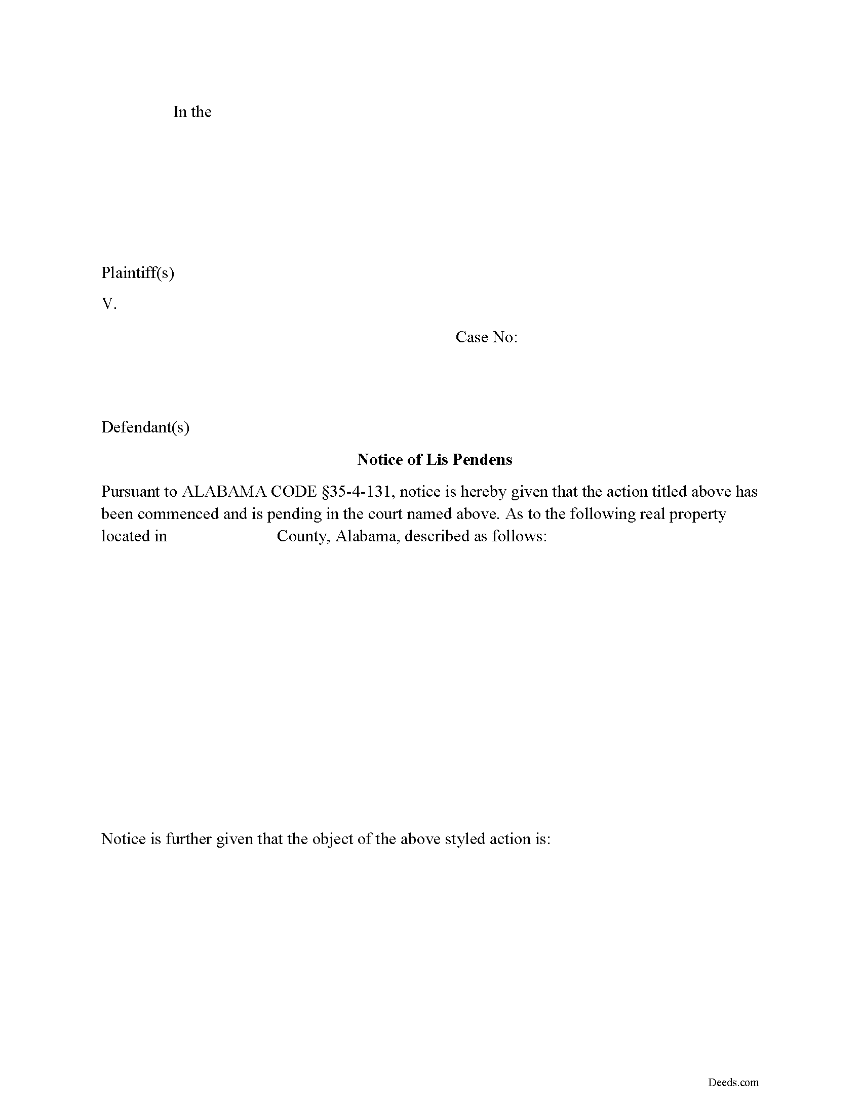 Tuscaloosa County Lis Pendens Form