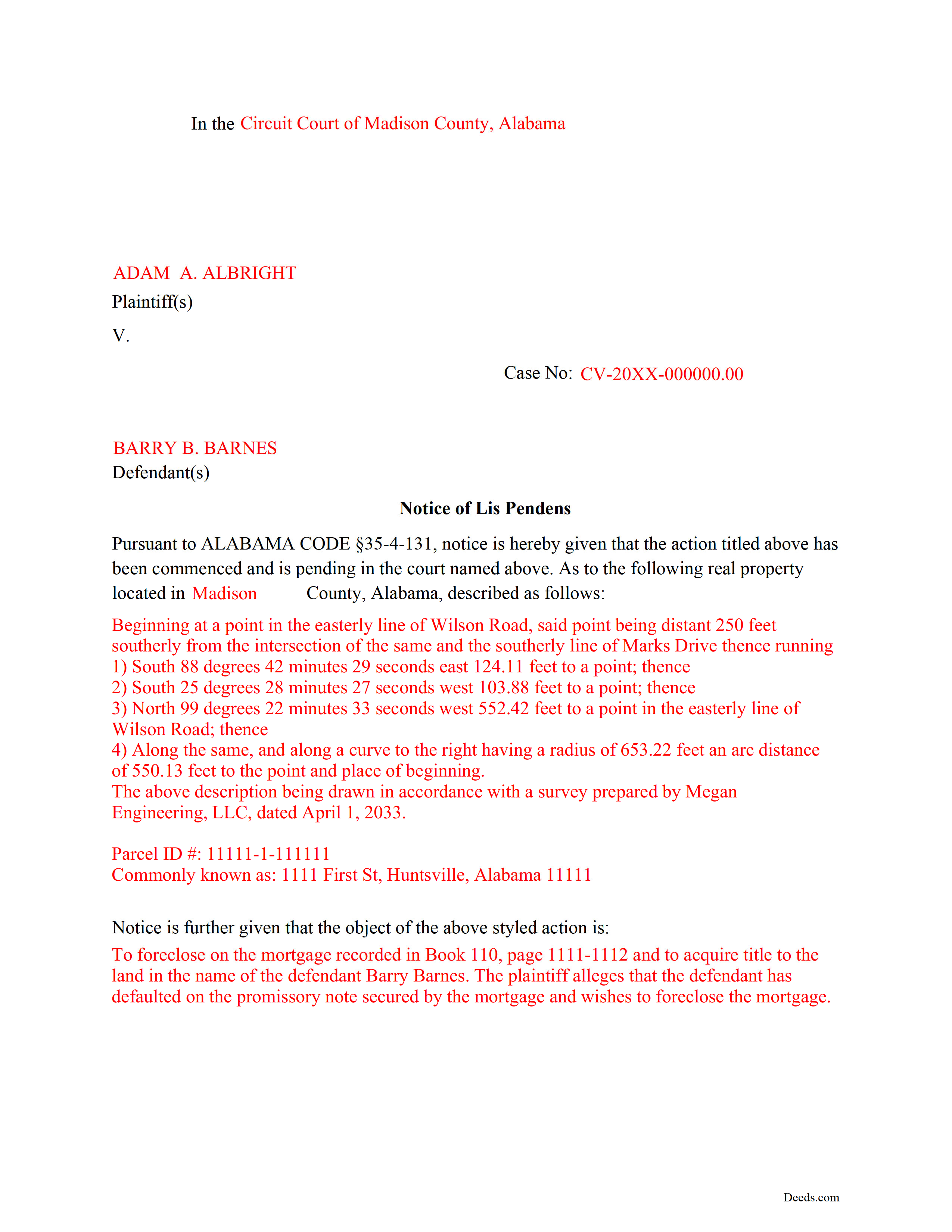 Tuscaloosa County Completed Example of the Lis Pendens Document
