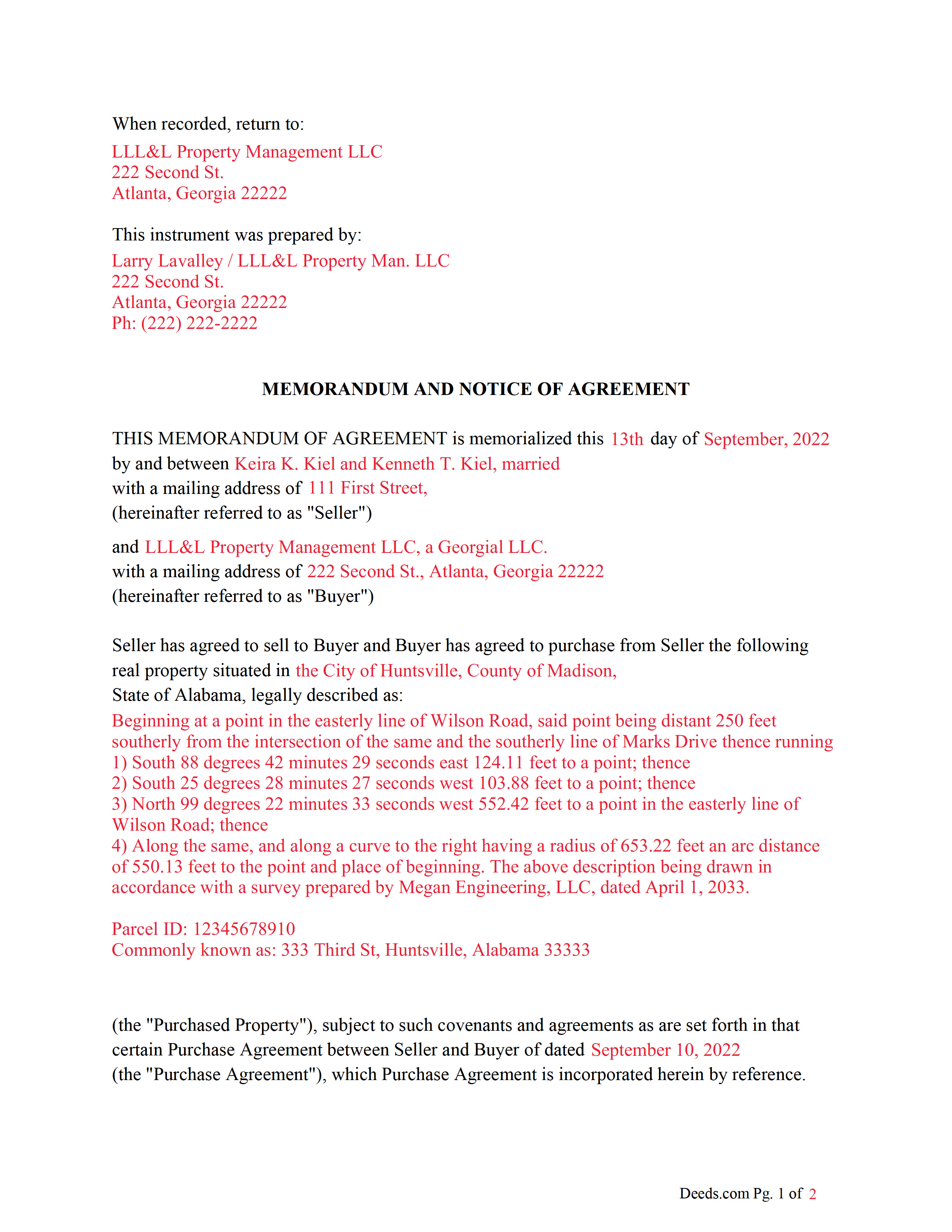 Completed Example of the Memorandum and Notice of Agreement Document