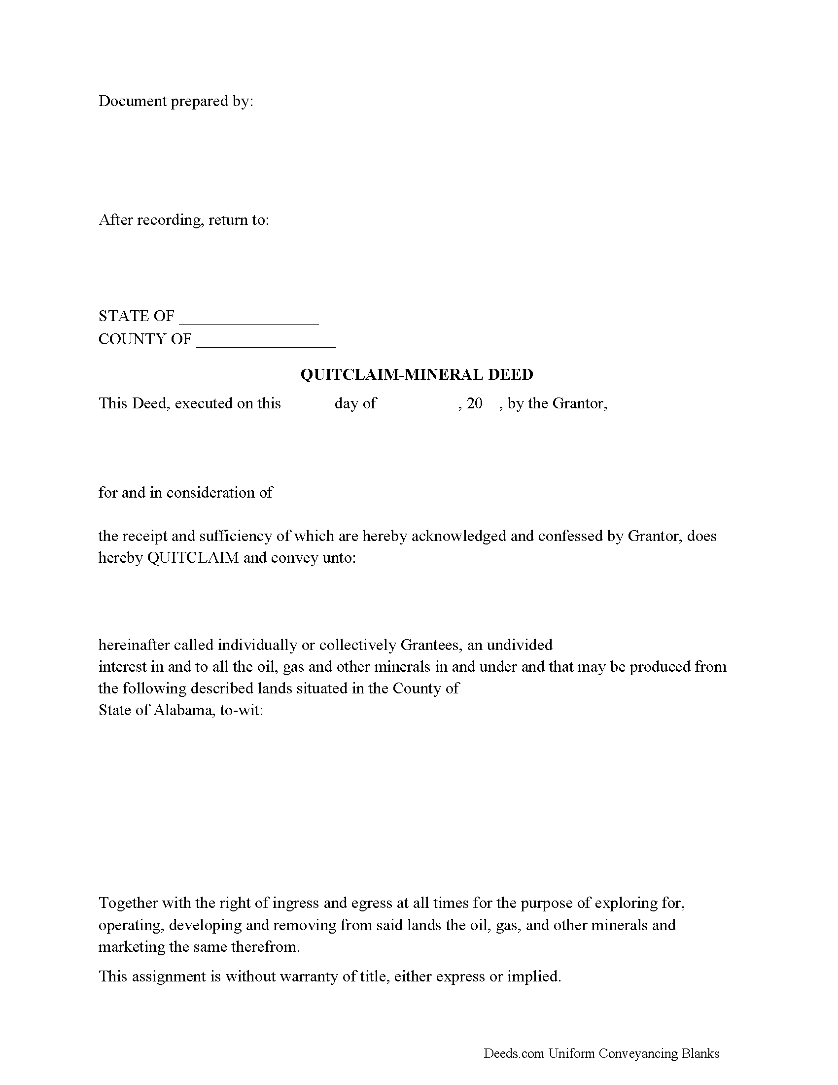 Mobile County Mineral Deed with Quitclaim Covenants Form