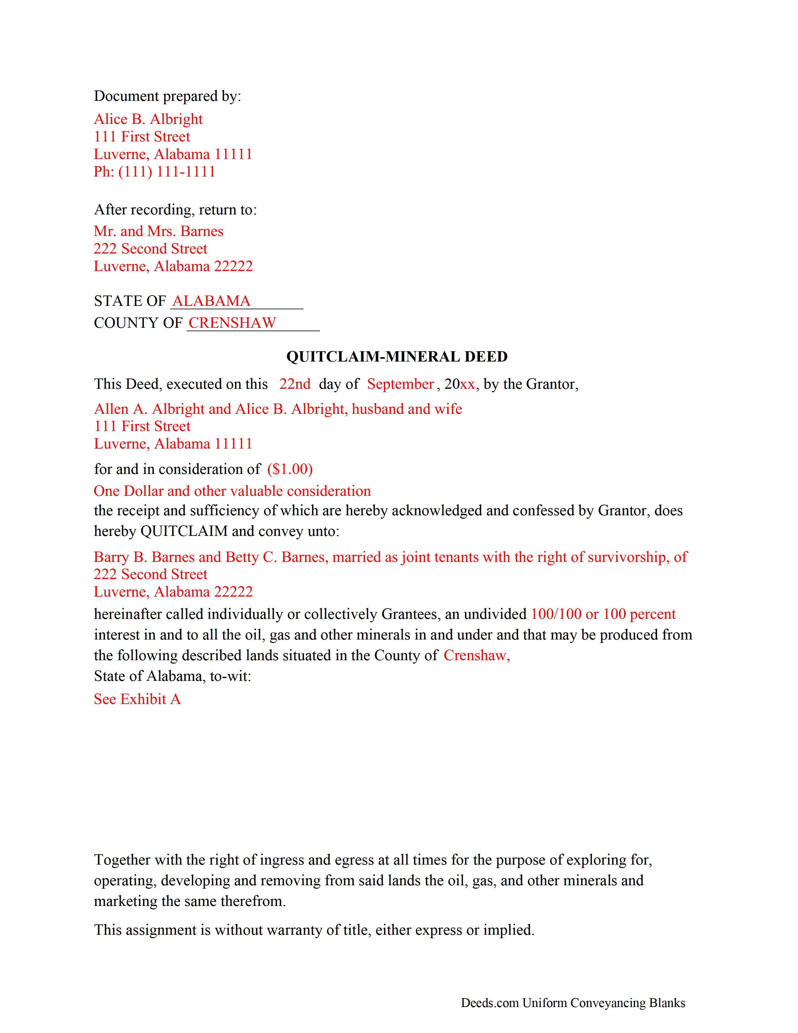 Mobile County Completed Example of the Mineral Deed with Quitclaim Covenants Document