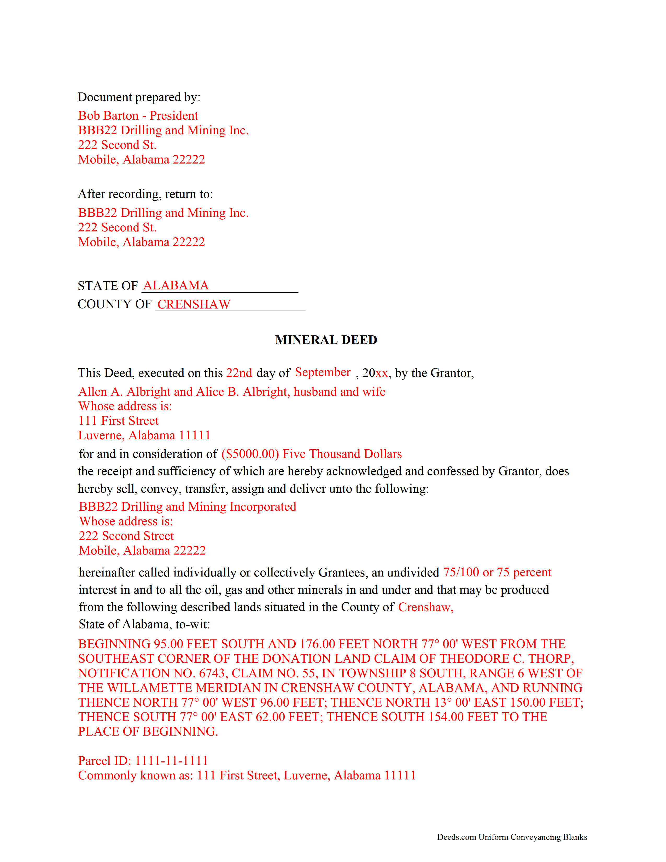 Baldwin County Completed Example of a Mineral Deed Document