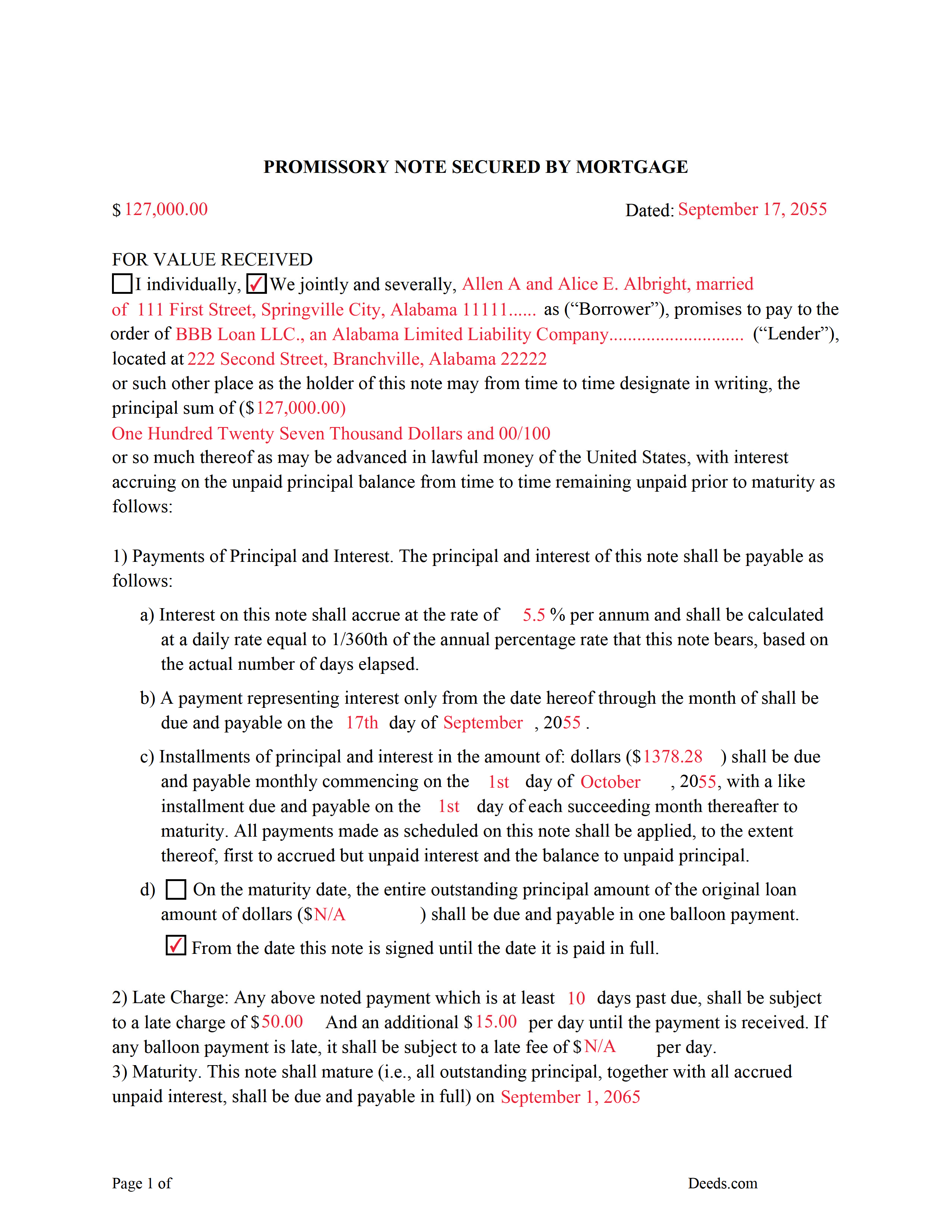 Completed Example of the Promissory Note Document