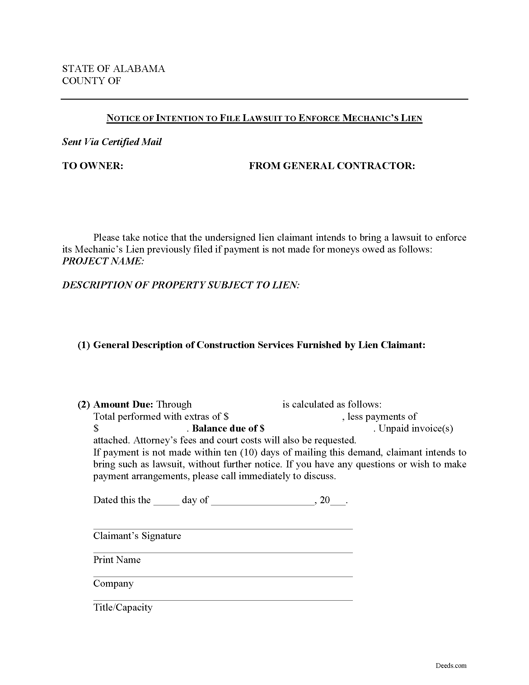 Cullman County Notice of Intention Form