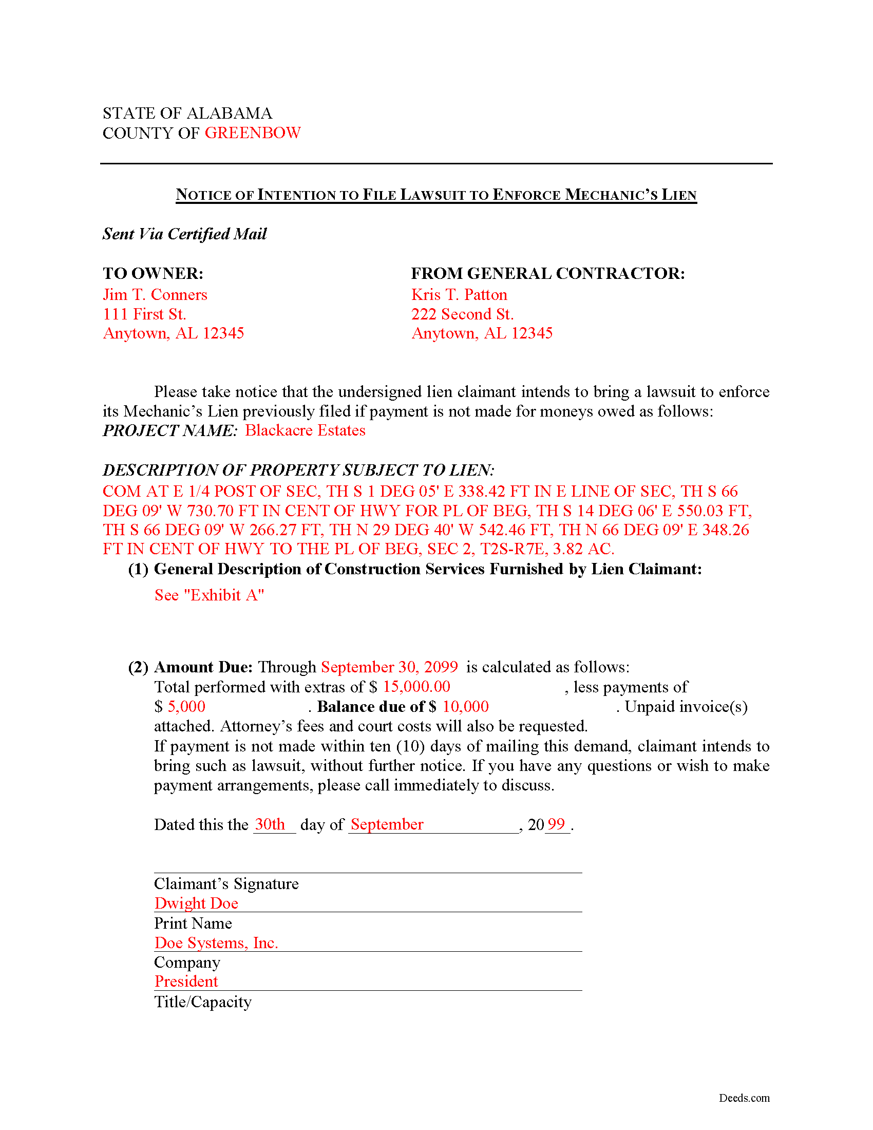 Cullman County Completed Example of the Notice on Intention Document