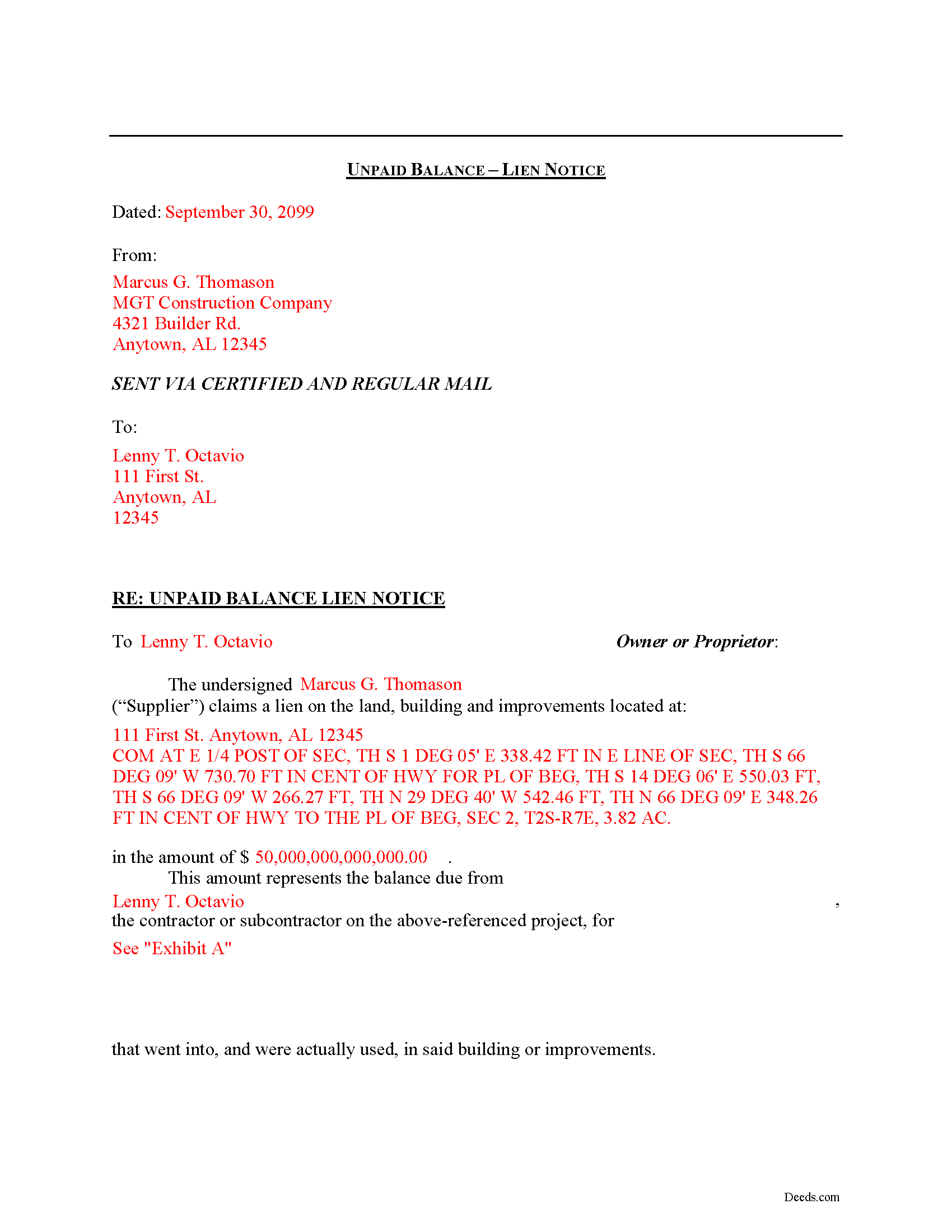 Completed Example of the Notice of Unpaid Balance Lien Document