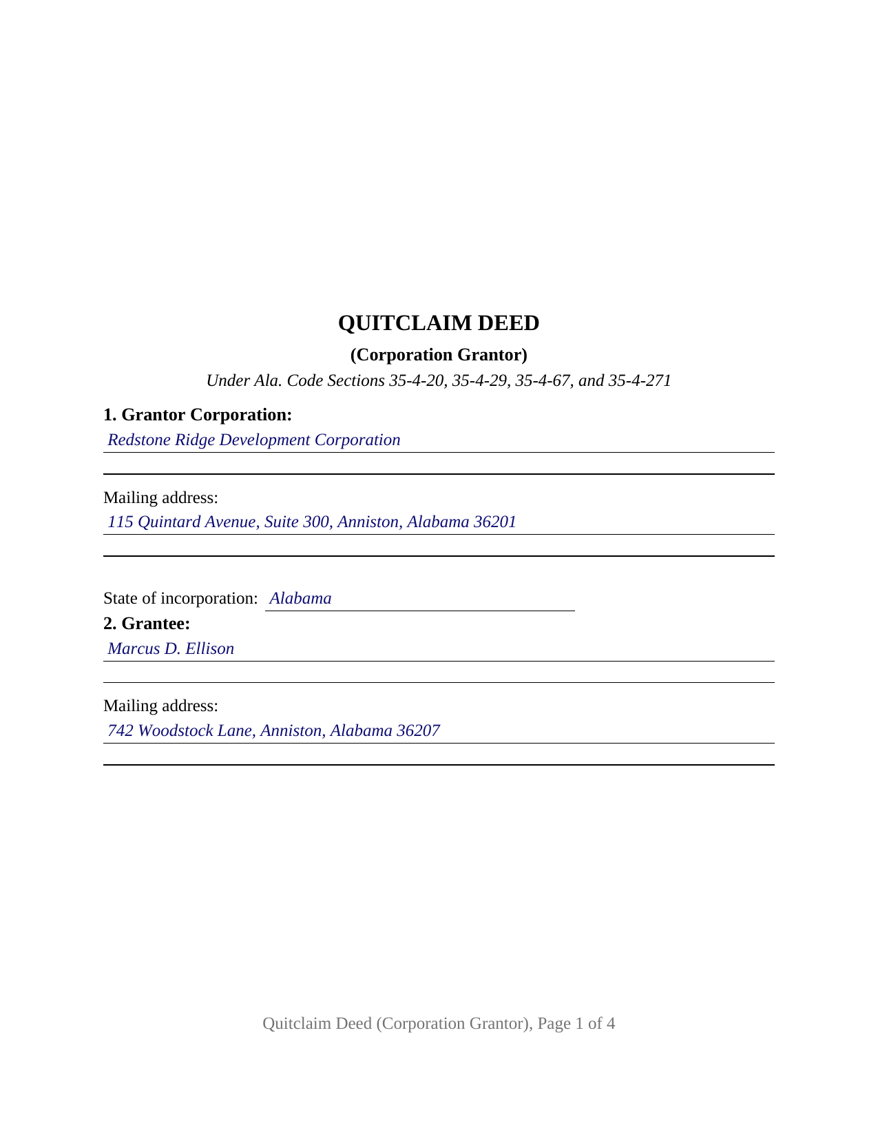Sumter County Completed Example of the Quitclaim Deed (Corporation Grantor) Document