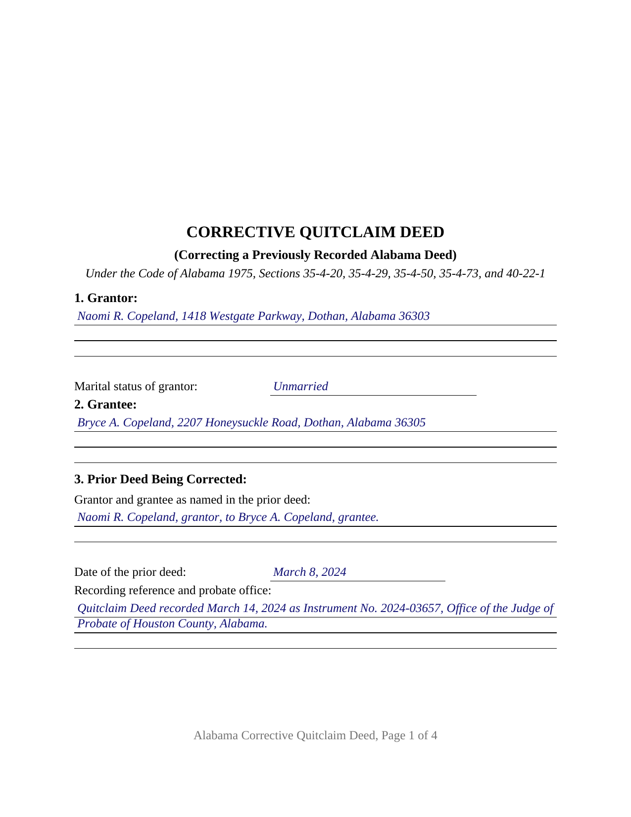 Cleburne County Completed Example of the Quitclaim Deed (Corrective) Document