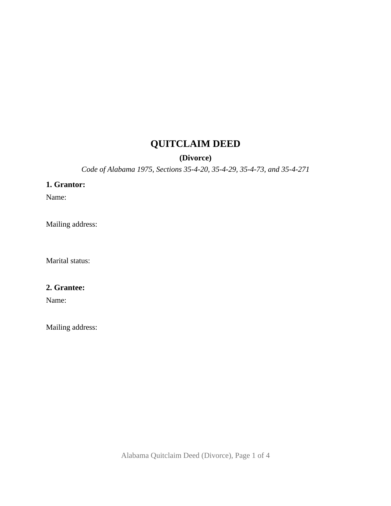 Marshall County Quitclaim Deed (Divorce) Form