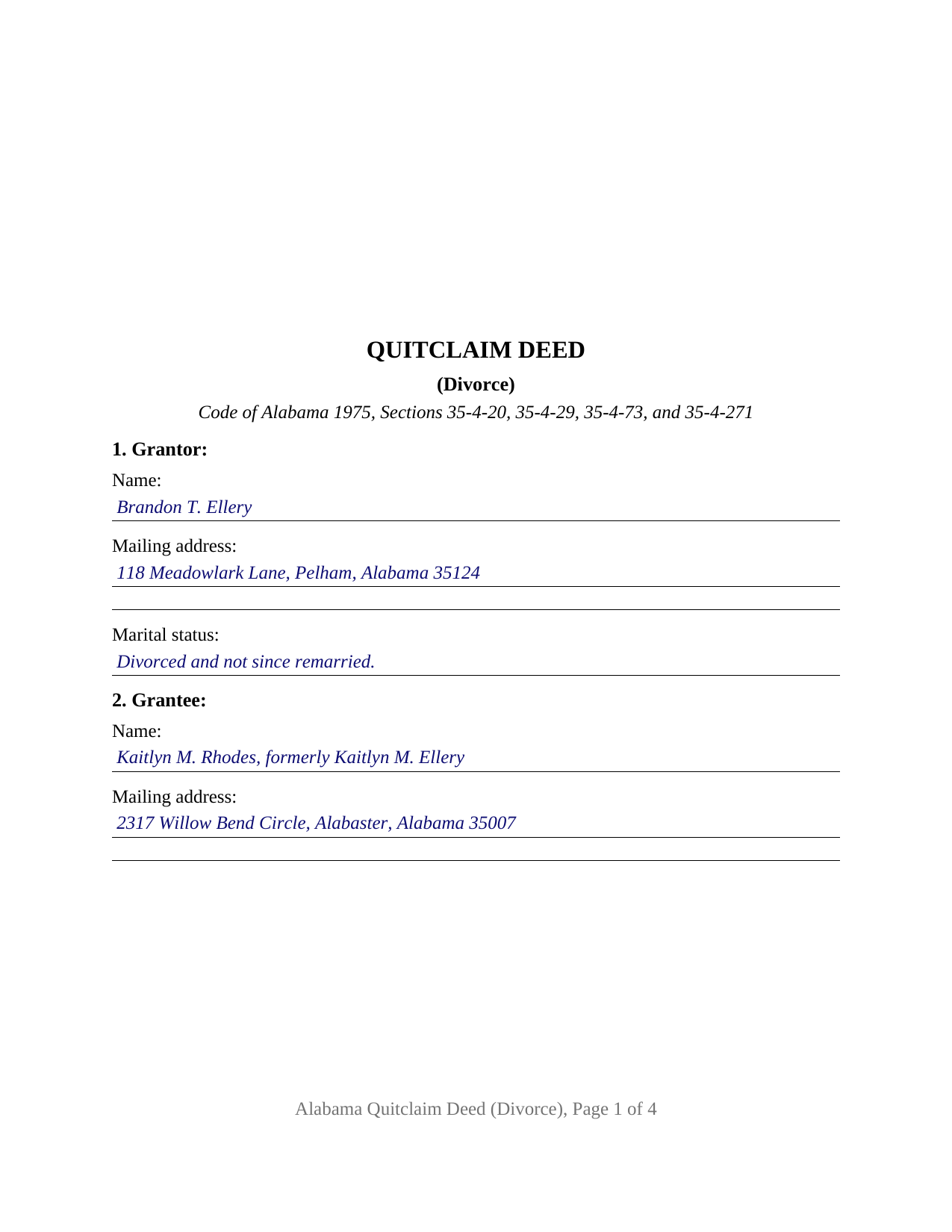 Marshall County Completed Example of the Quitclaim Deed (Divorce) Document