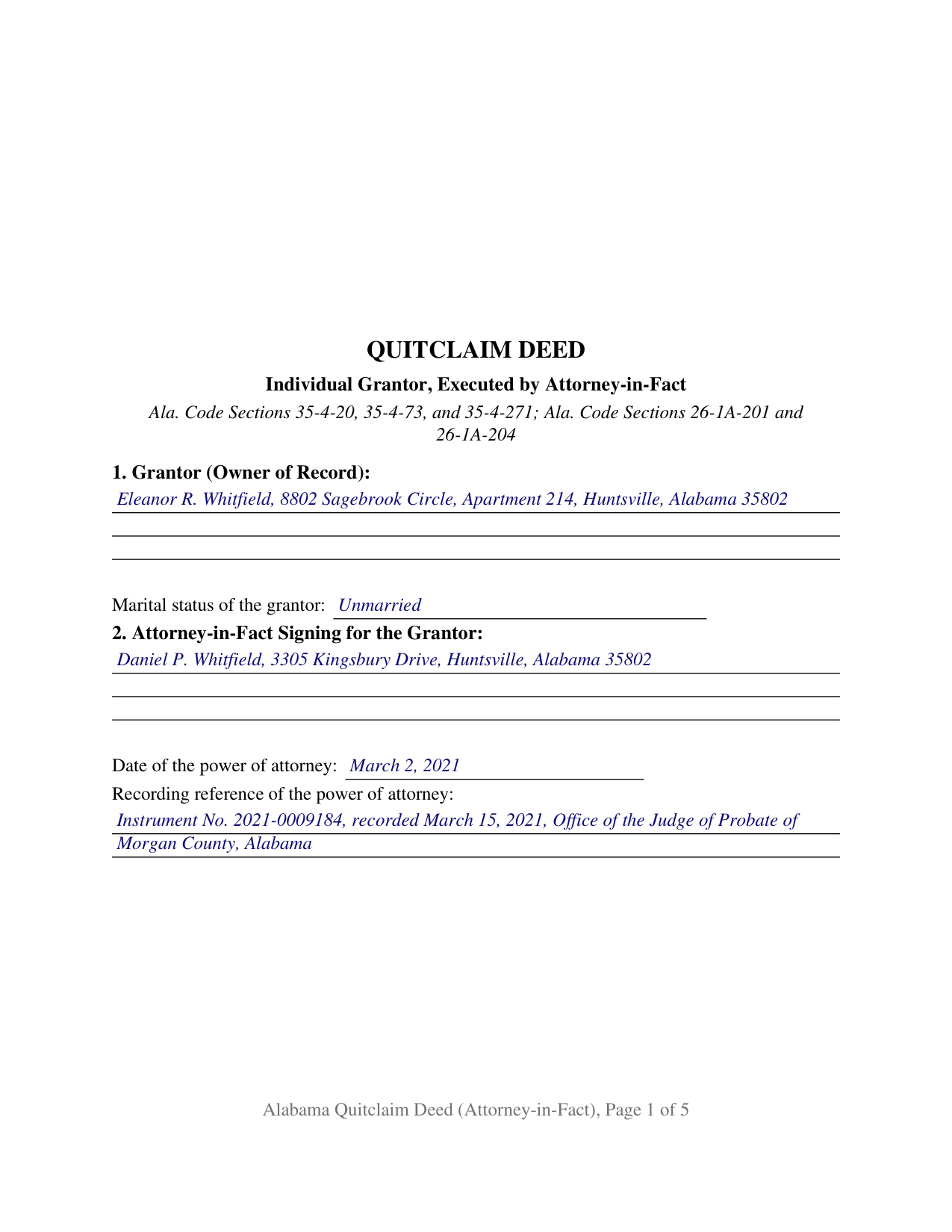 Sumter County Completed Example of the Quitclaim Deed (Individual Grantor by Attorney-in-Fact) Document